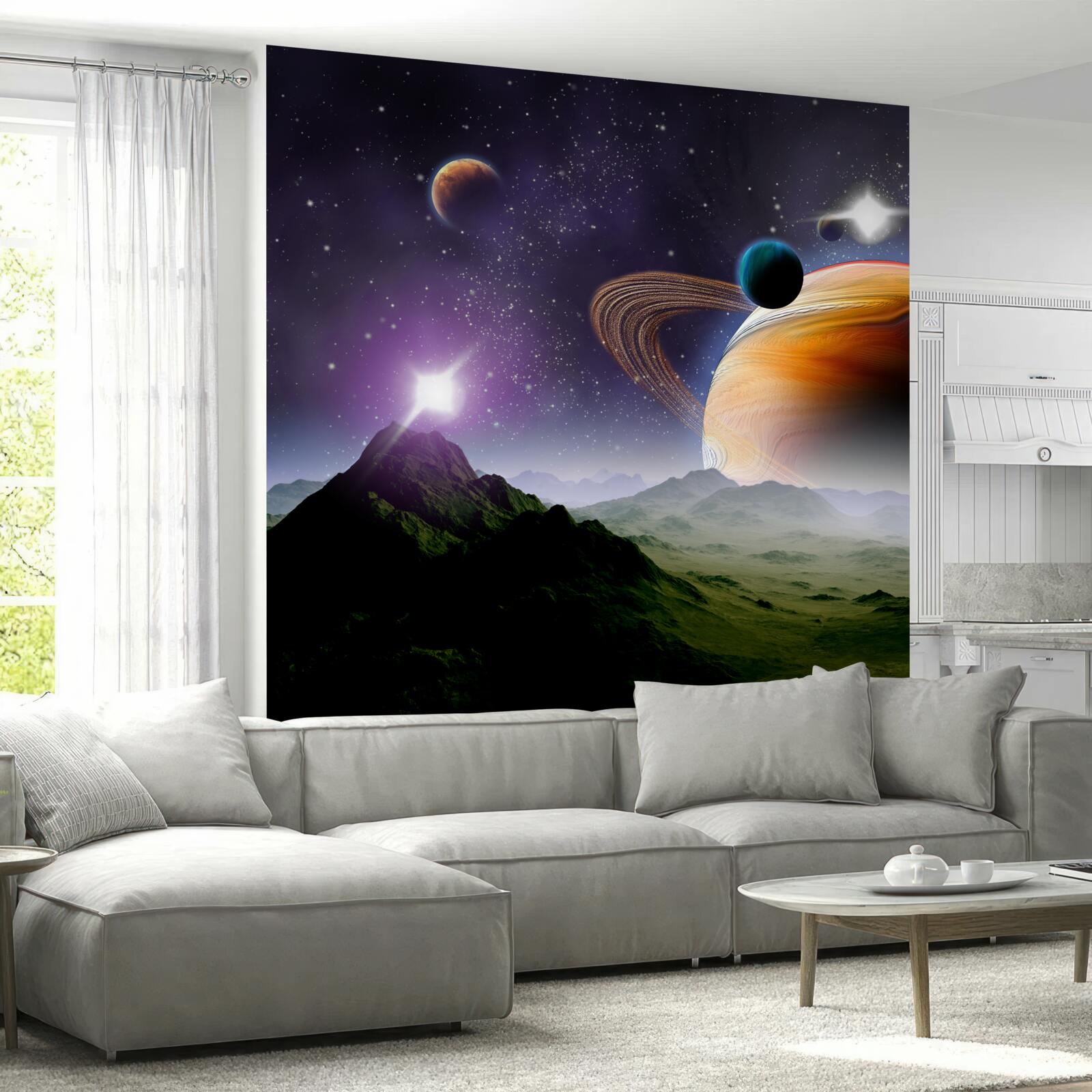 Fototapeta abstrakcyjny obraz planet i gór w kosmosie