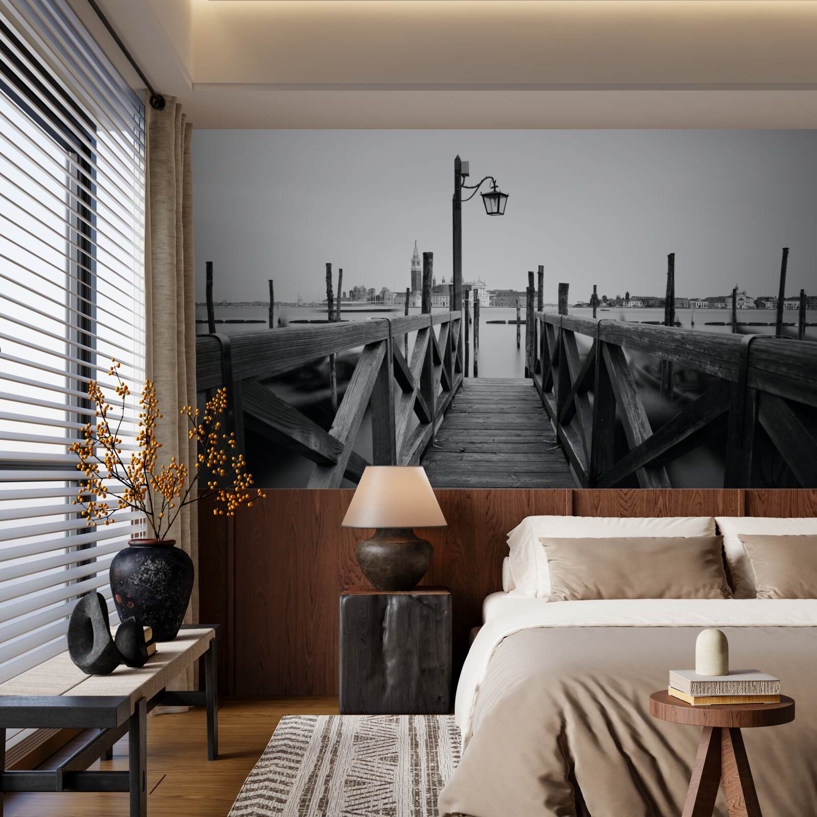 Fototapeta nasyp wykonany z drewna obok wody