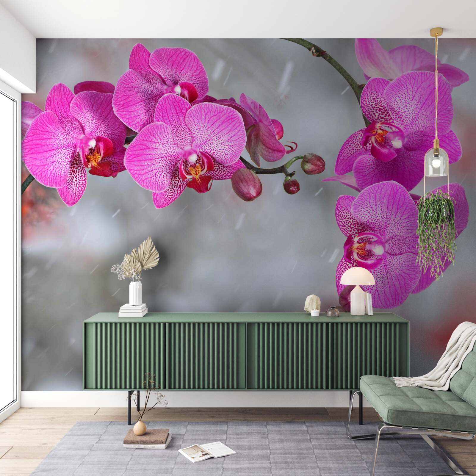 Fototapeta w deszczu kwitną różowe orchidee