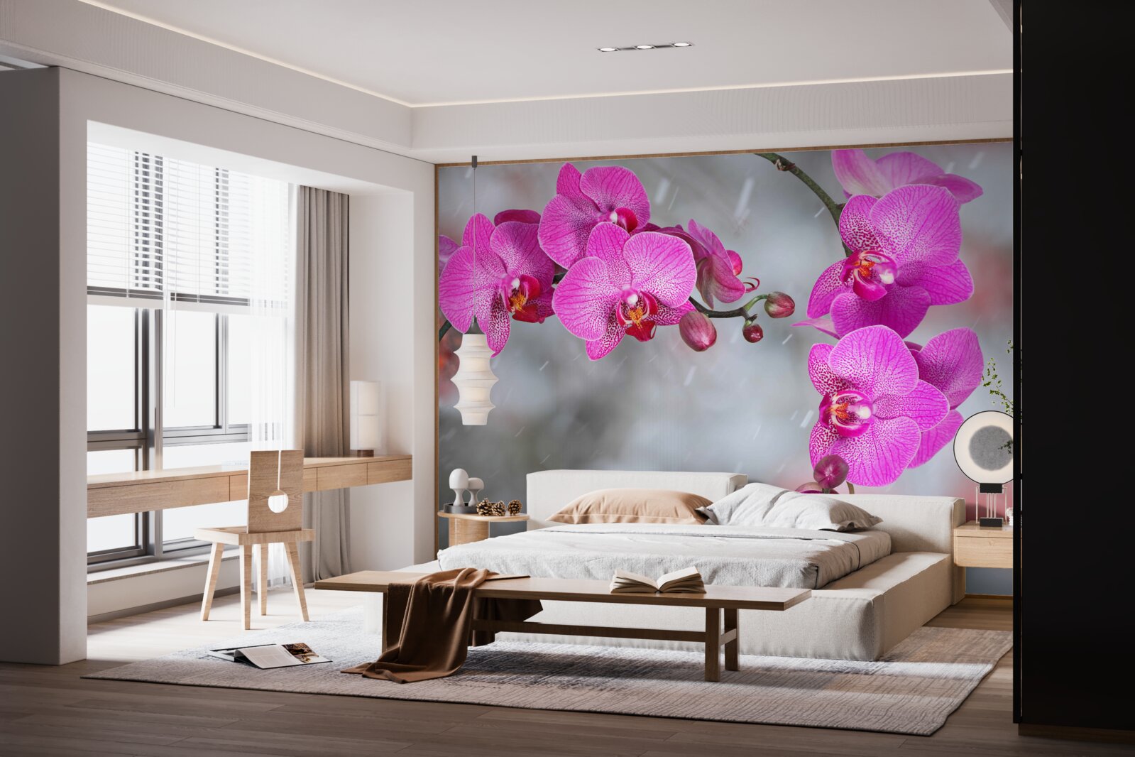Fototapeta w deszczu kwitną różowe orchidee