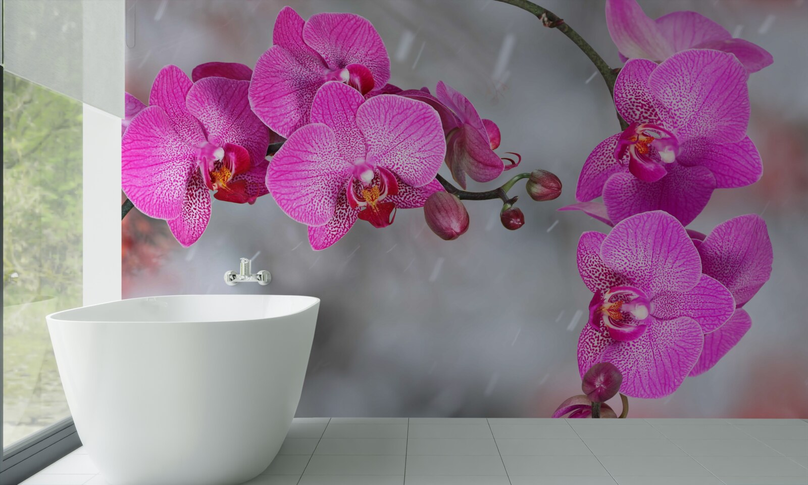 Fototapeta w deszczu kwitną różowe orchidee