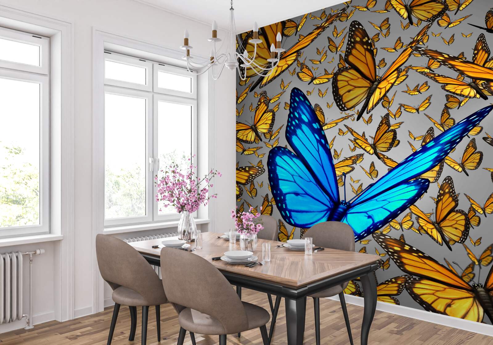 Fototapeta niebieski motyl wyróżnia się jasno spośród żółtych