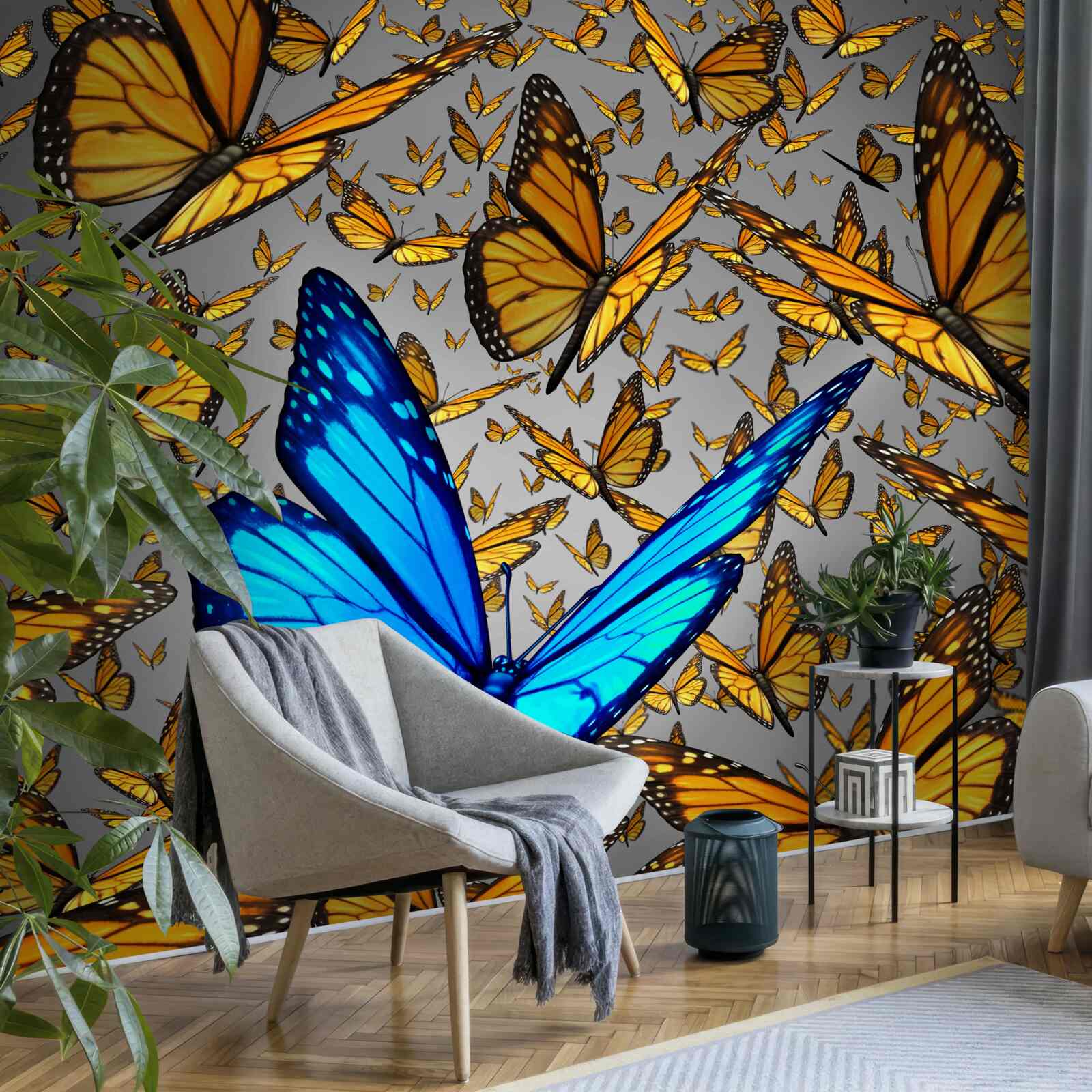 Fototapeta niebieski motyl wyróżnia się jasno spośród żółtych