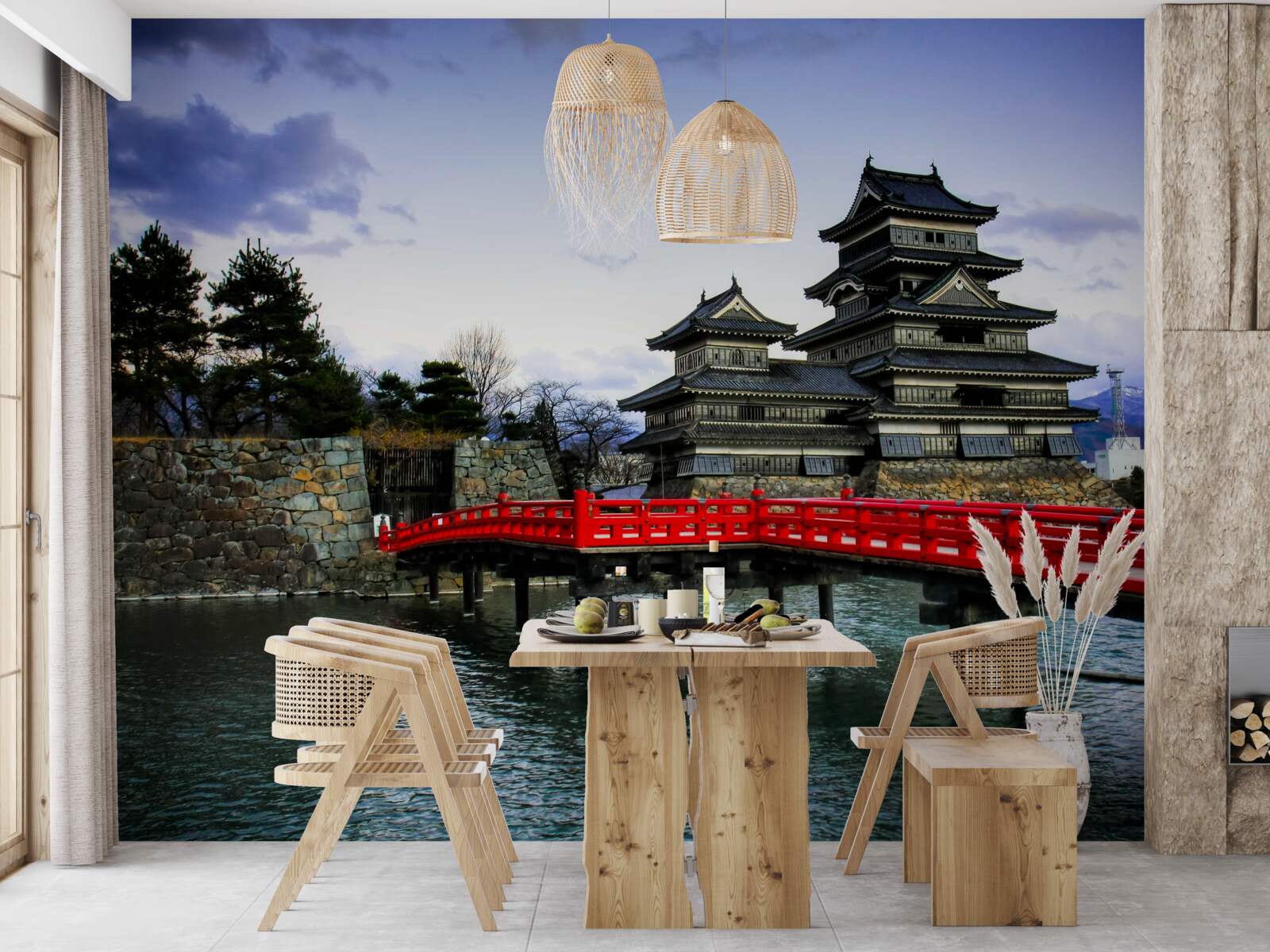 Fototapeta w japonii czerwony most rozciąga się nad rzeką