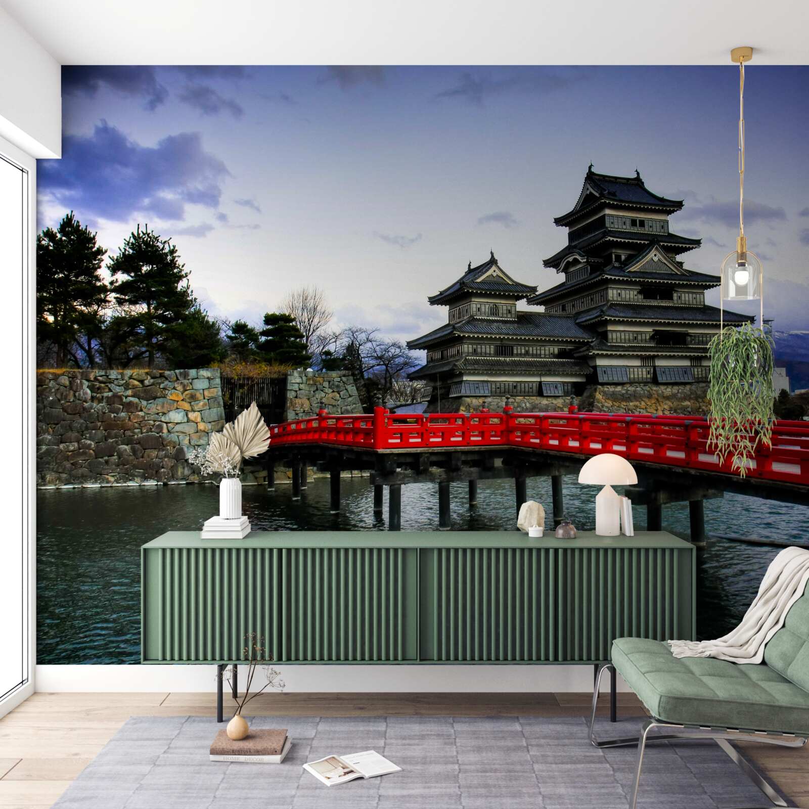 Fototapeta w japonii czerwony most rozciąga się nad rzeką
