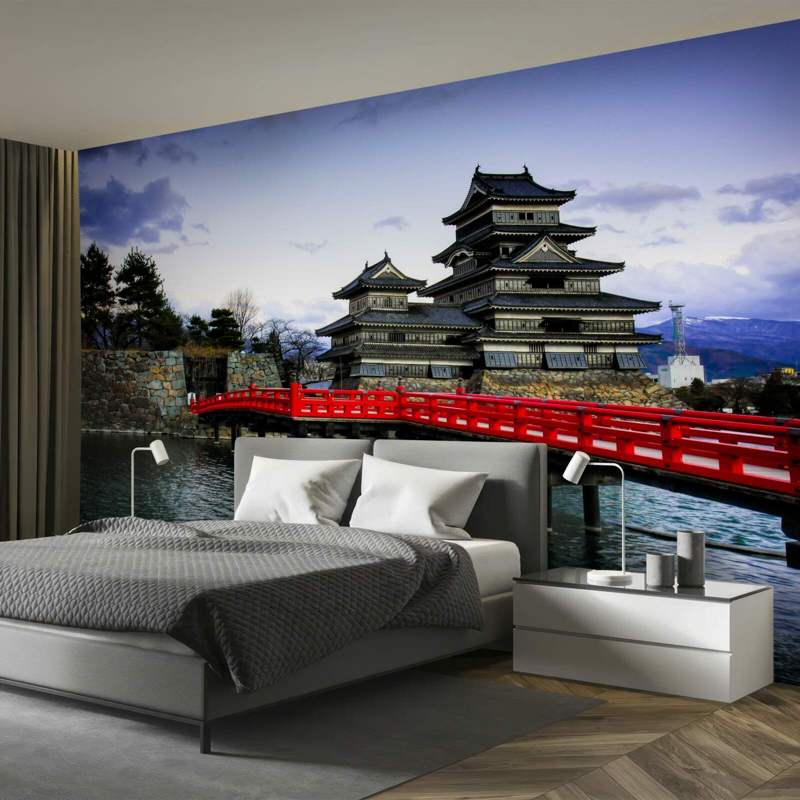 Fototapeta w japonii czerwony most rozciąga się nad rzeką