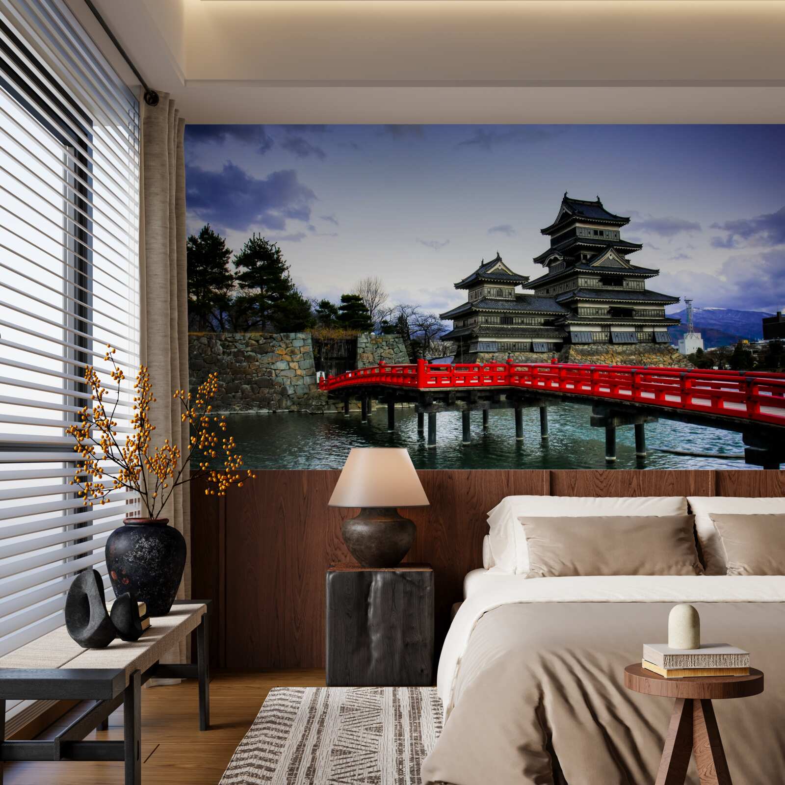 Fototapeta w japonii czerwony most rozciąga się nad rzeką