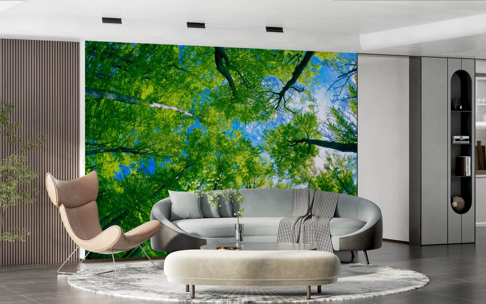 Fototapeta las w kolorze szmaragdowym z błękitnym niebem w tle