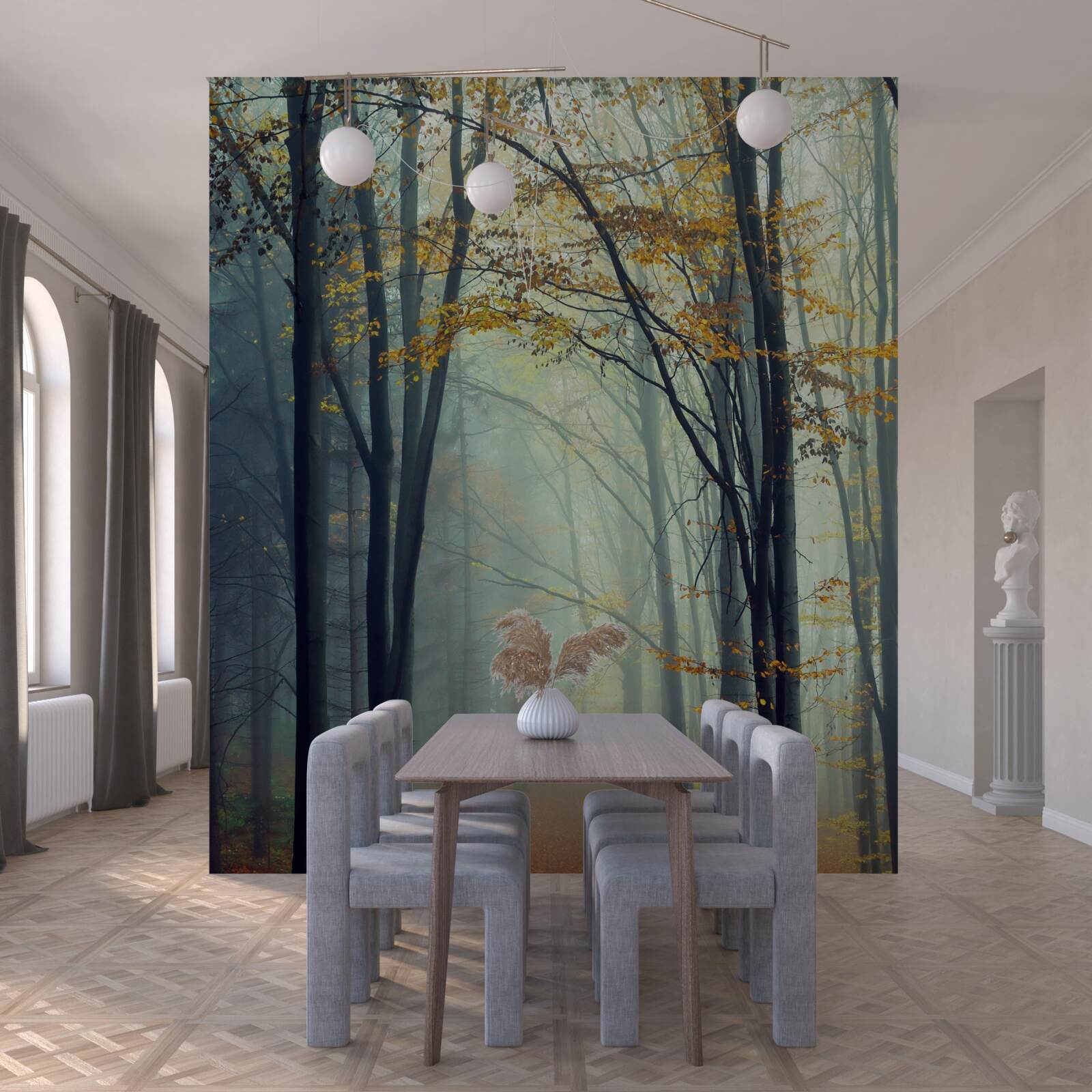 Fototapeta jesienny las spowity mgłą