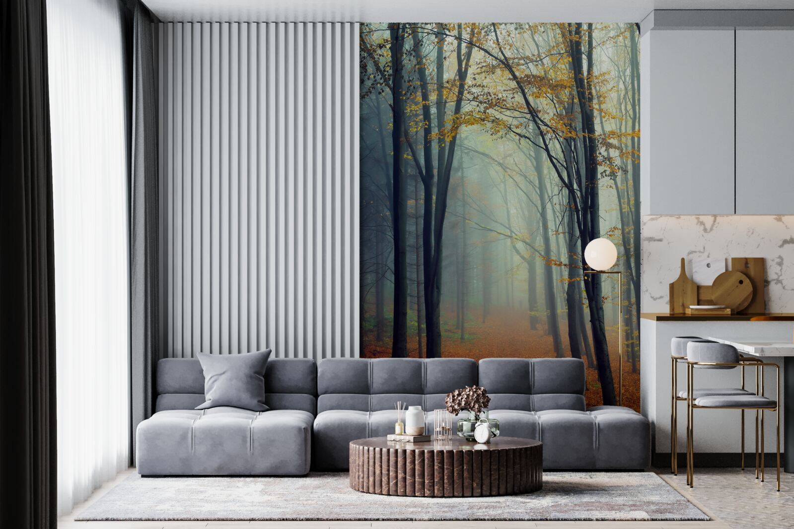 Fototapeta jesienny las spowity mgłą