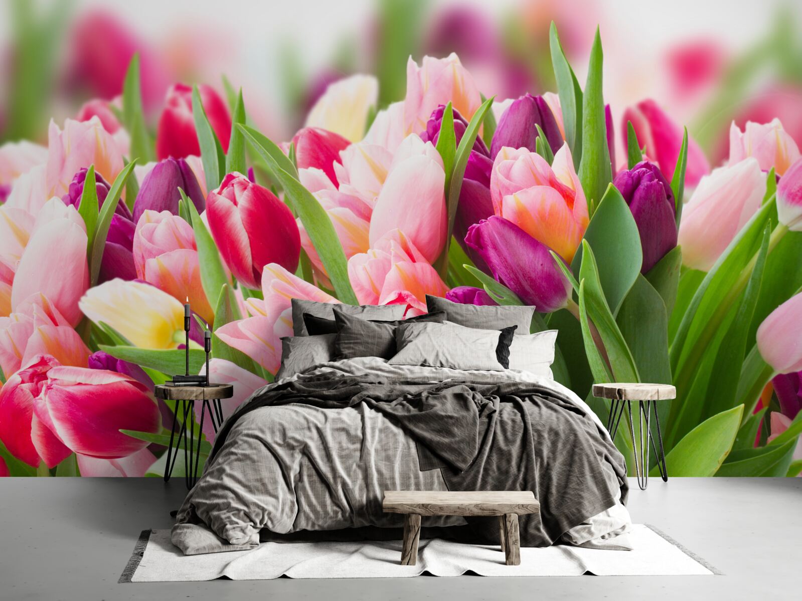 Fototapeta jasne wiosenne tulipany z zielonymi liśćmi