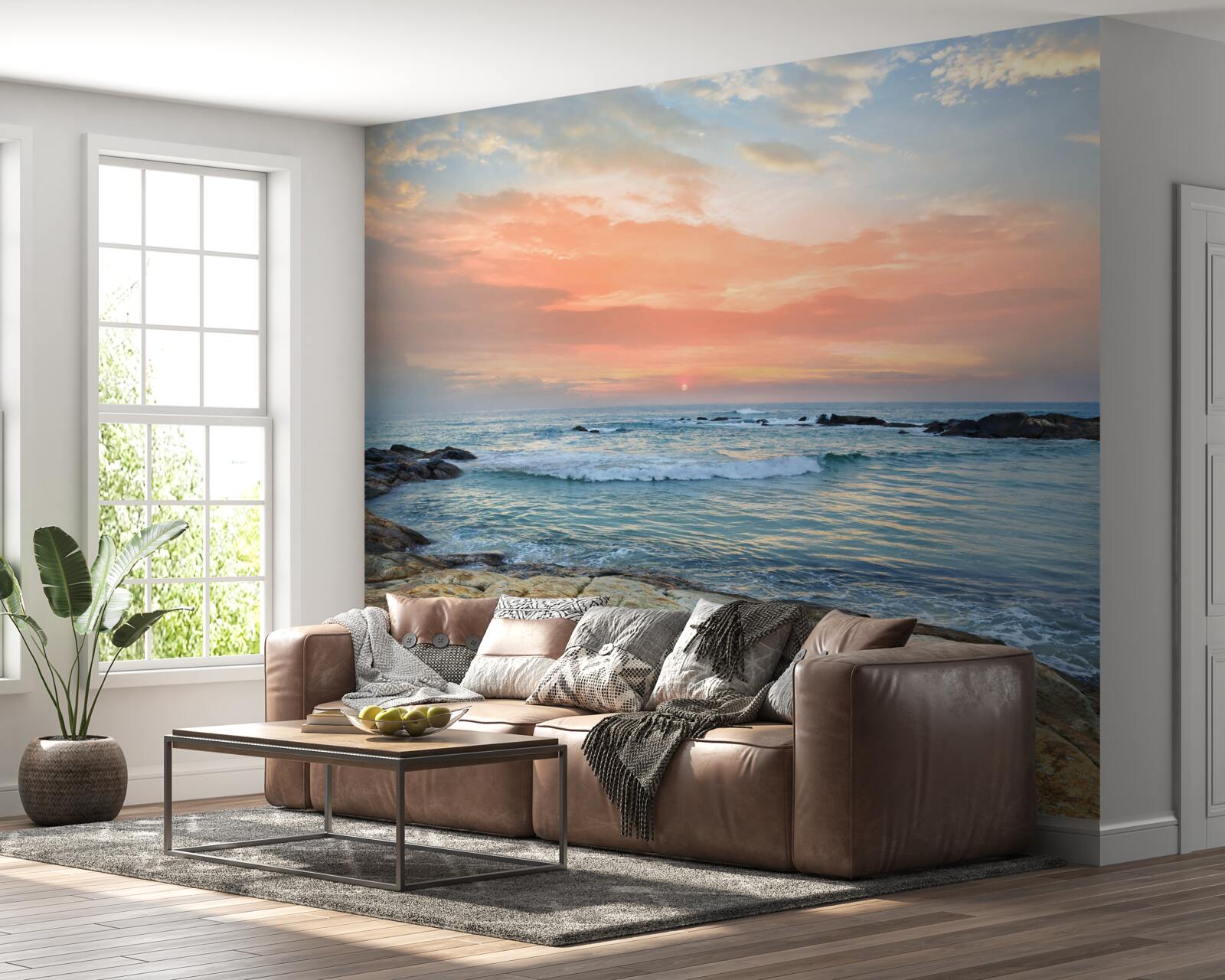 Fototapeta ocean ciągnący się po horyzont i różowy zachód słońca