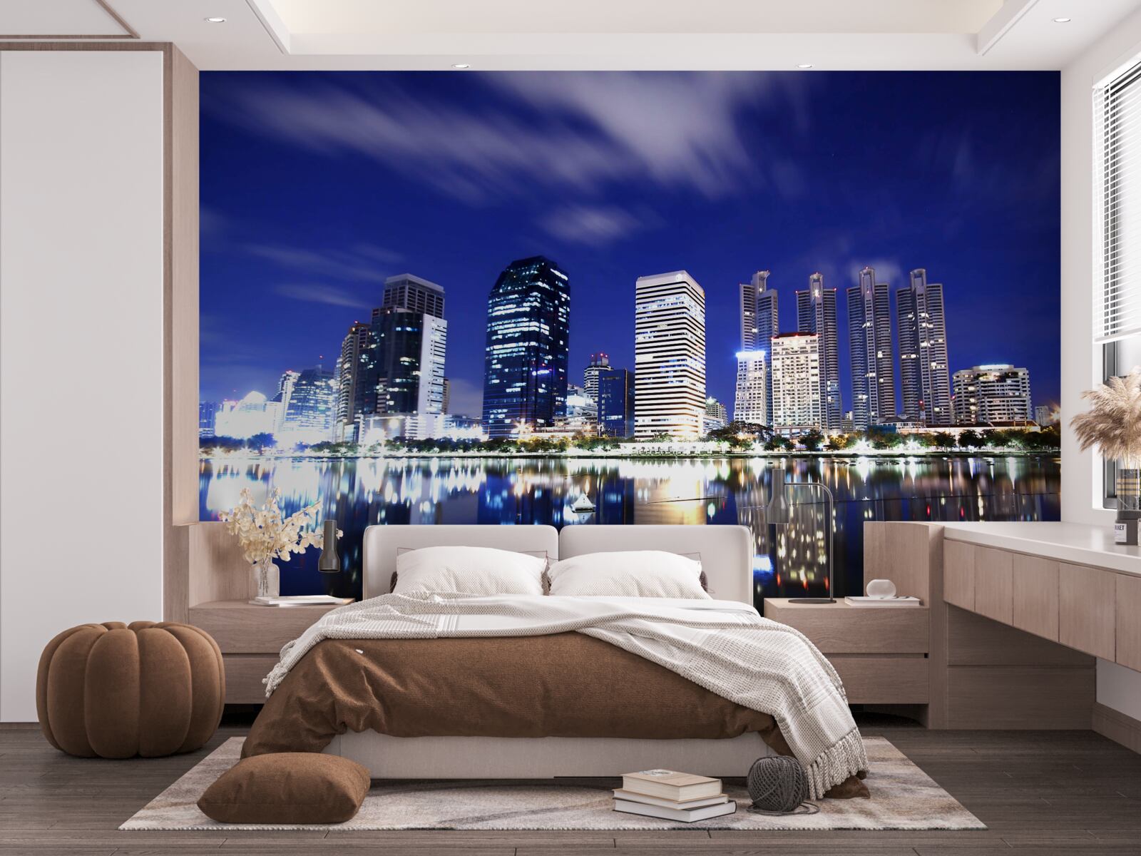 Fototapeta miasto nocą odbija się w wodzie w świetle lamp