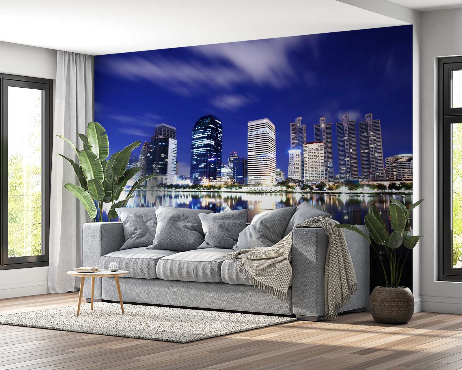 Fototapeta miasto nocą odbija się w wodzie w świetle lamp