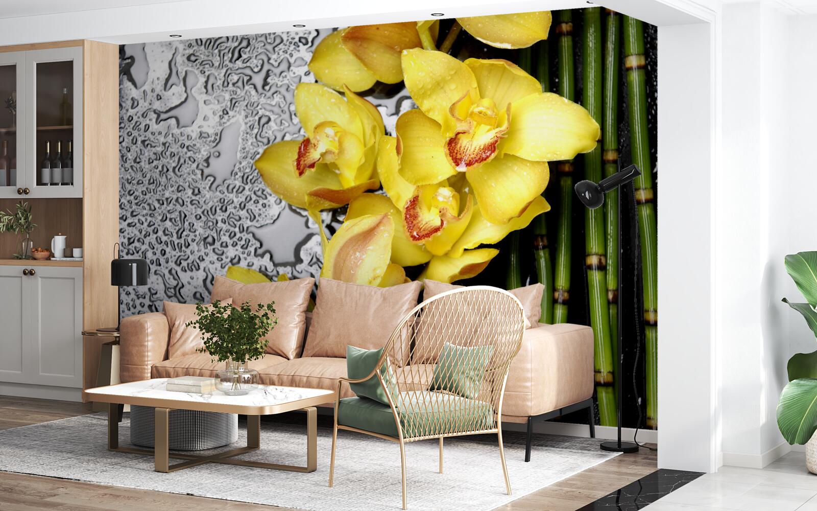 Fototapeta żółta orchidea znajduje się na kamieniu obok bambusa