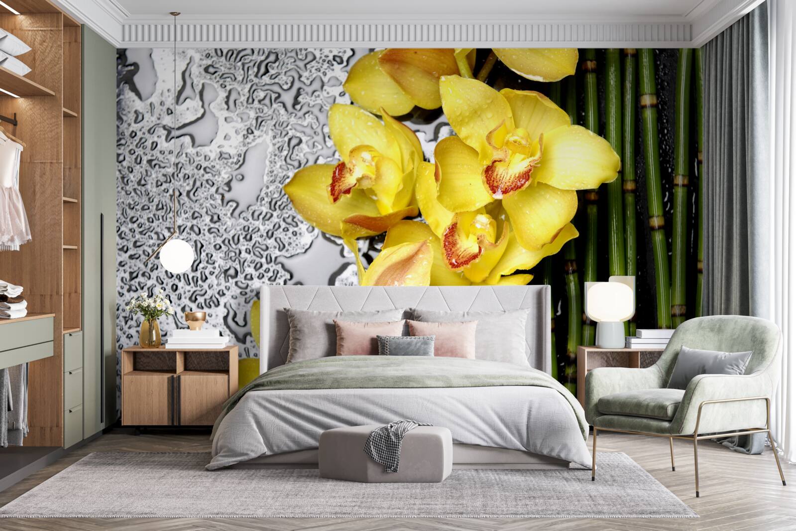 Fototapeta żółta orchidea znajduje się na kamieniu obok bambusa