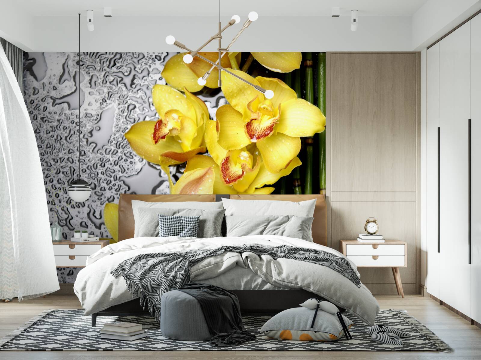 Fototapeta żółta orchidea znajduje się na kamieniu obok bambusa