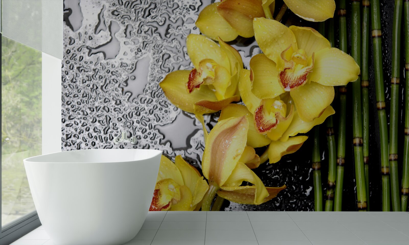 Fototapeta żółta orchidea znajduje się na kamieniu obok bambusa