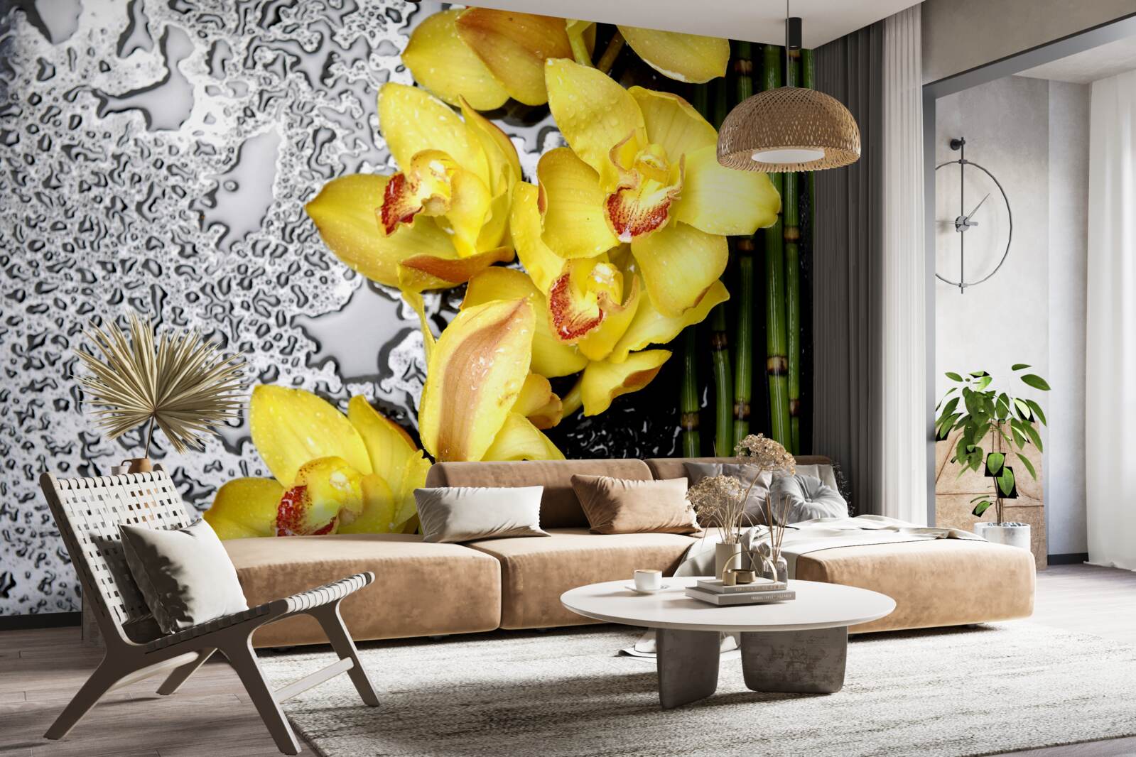Fototapeta żółta orchidea znajduje się na kamieniu obok bambusa