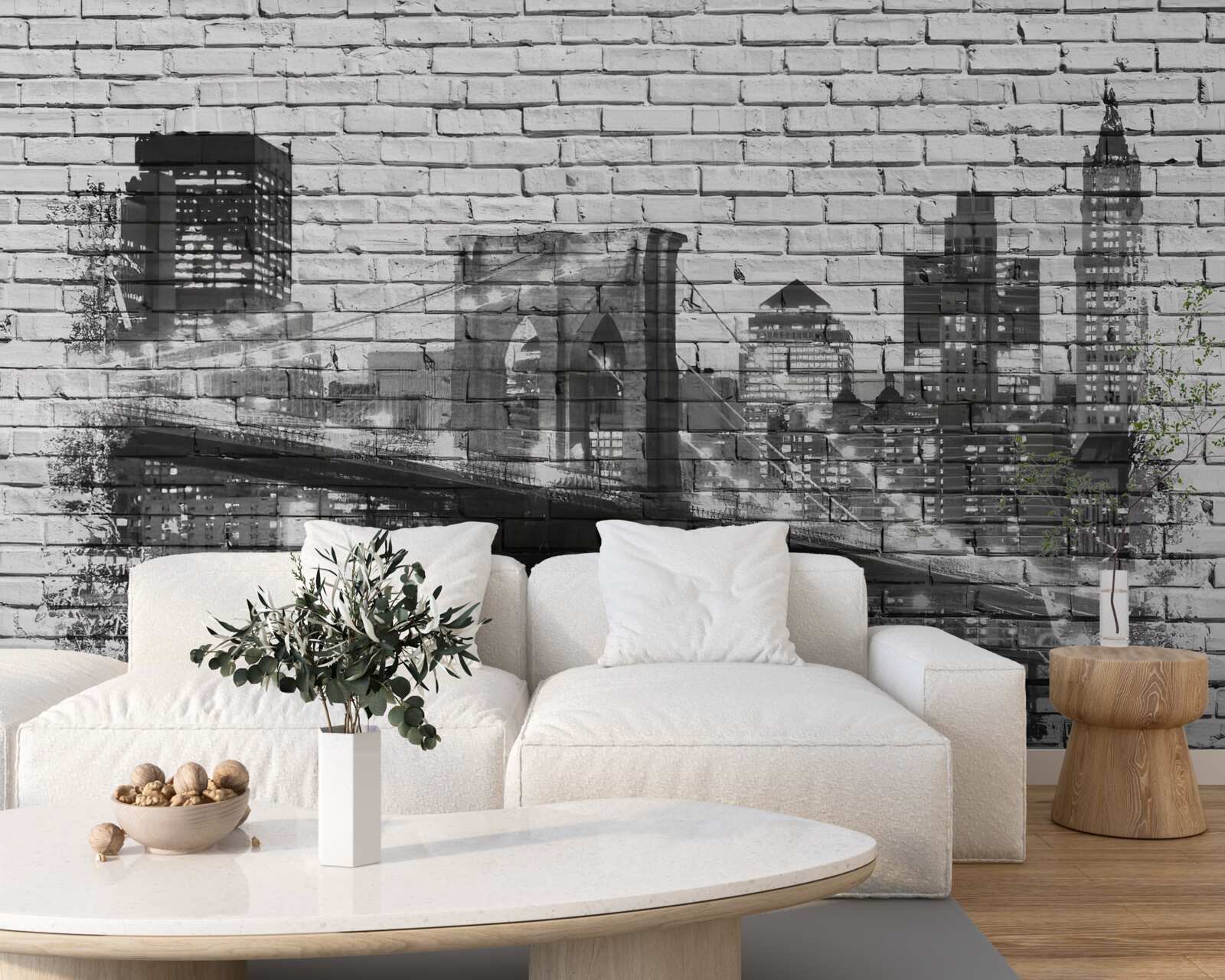 Fototapeta most manhattan z pejzażem miejskim na cegle