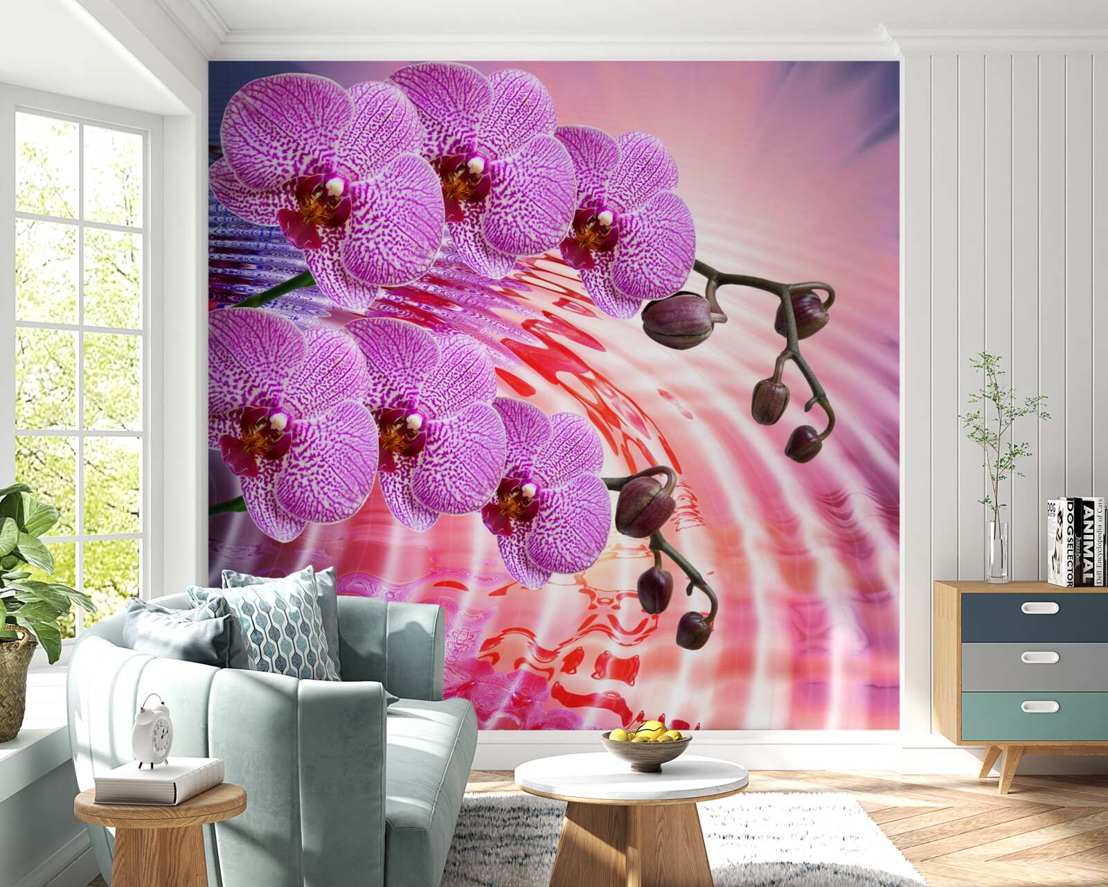 Fototapeta odbicie orchidei lamparta z gałęziami bzu