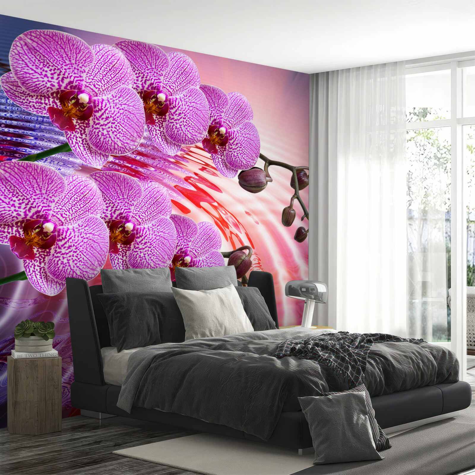 Fototapeta odbicie orchidei lamparta z gałęziami bzu