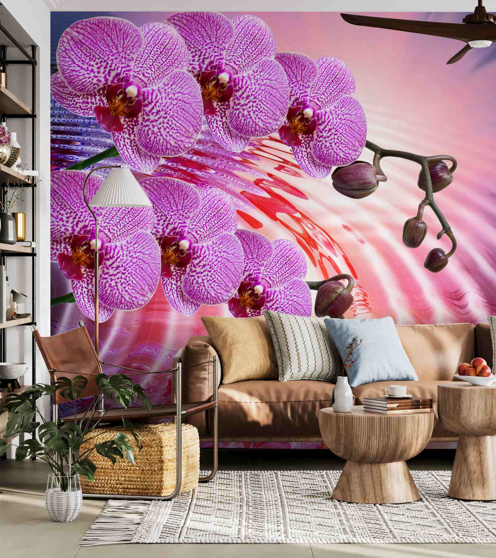 Fototapeta odbicie orchidei lamparta z gałęziami bzu