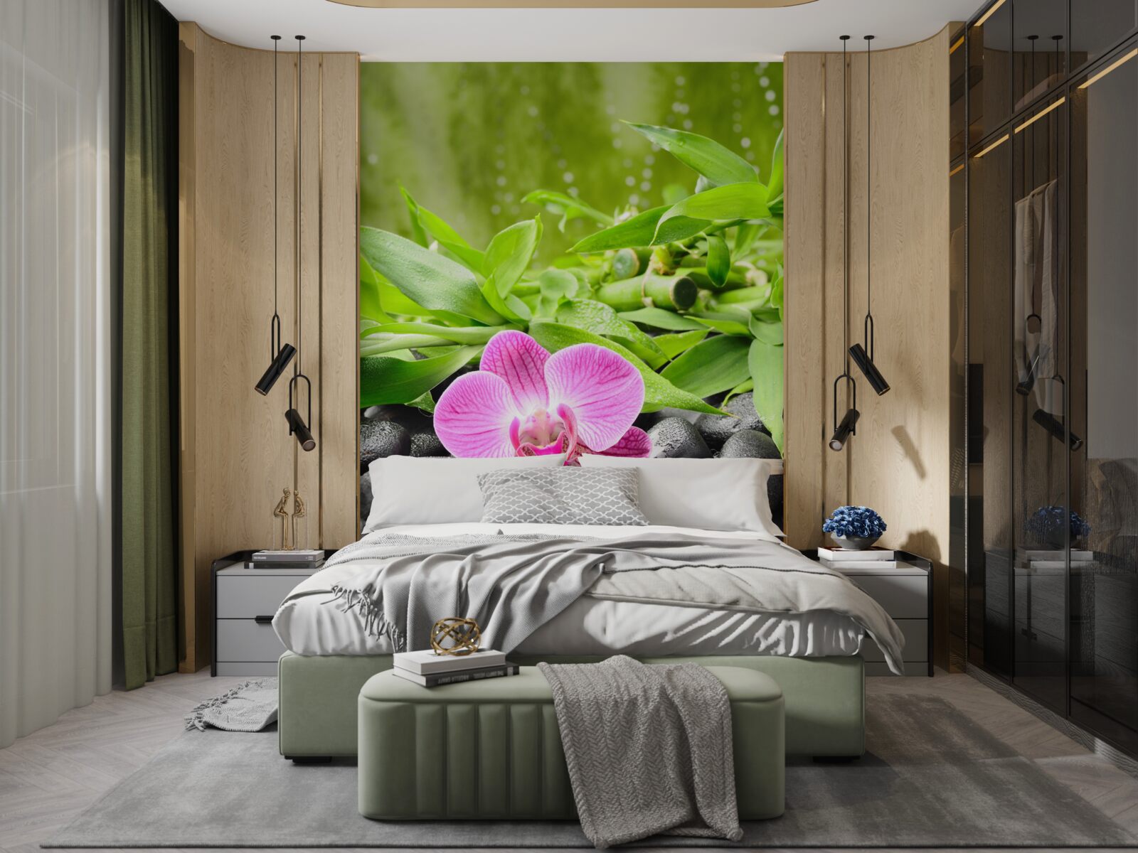 Fototapeta orchidea z wdziękiem umieszczona na ciemnym kamieniu w pobliżu wody