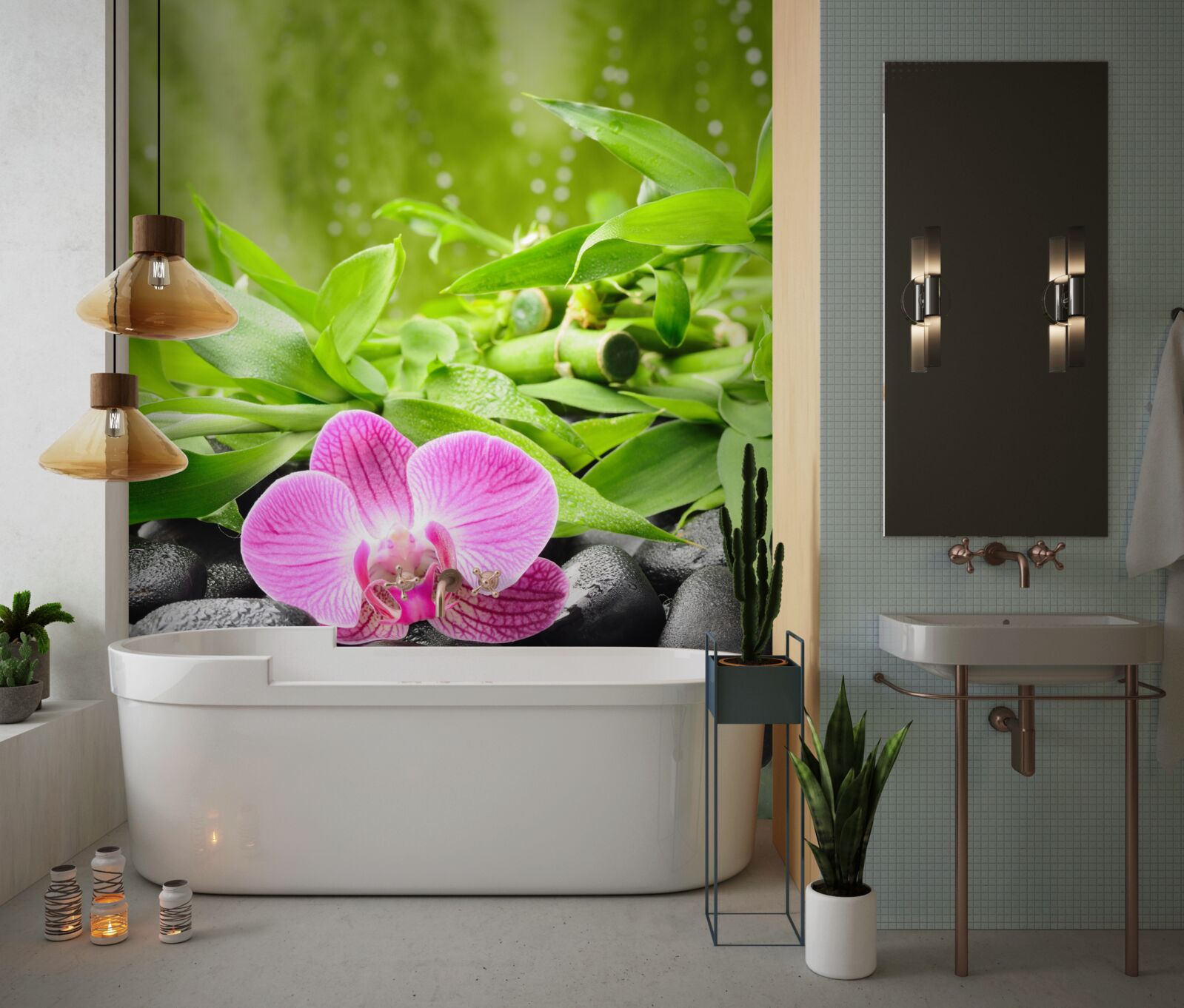 Fototapeta orchidea z wdziękiem umieszczona na ciemnym kamieniu w pobliżu wody