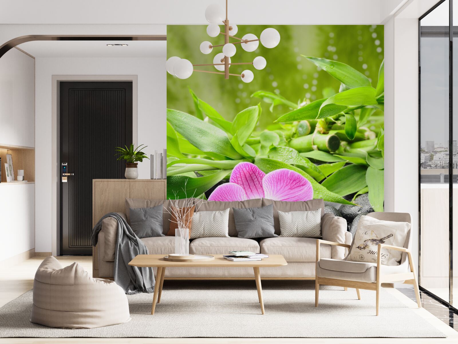 Fototapeta orchidea z wdziękiem umieszczona na ciemnym kamieniu w pobliżu wody