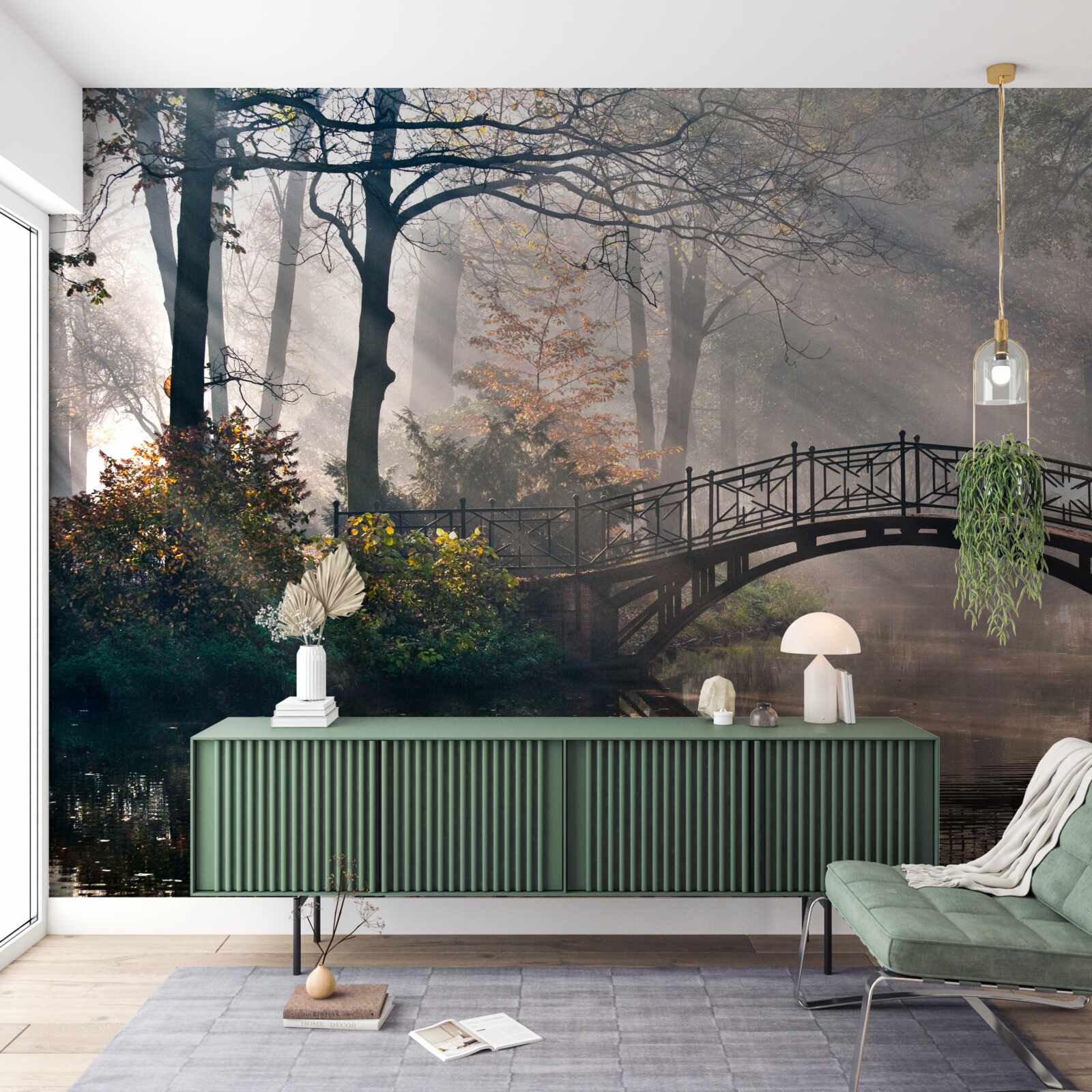 Fototapeta zrujnowany metalowy most nad spokojną rzeką