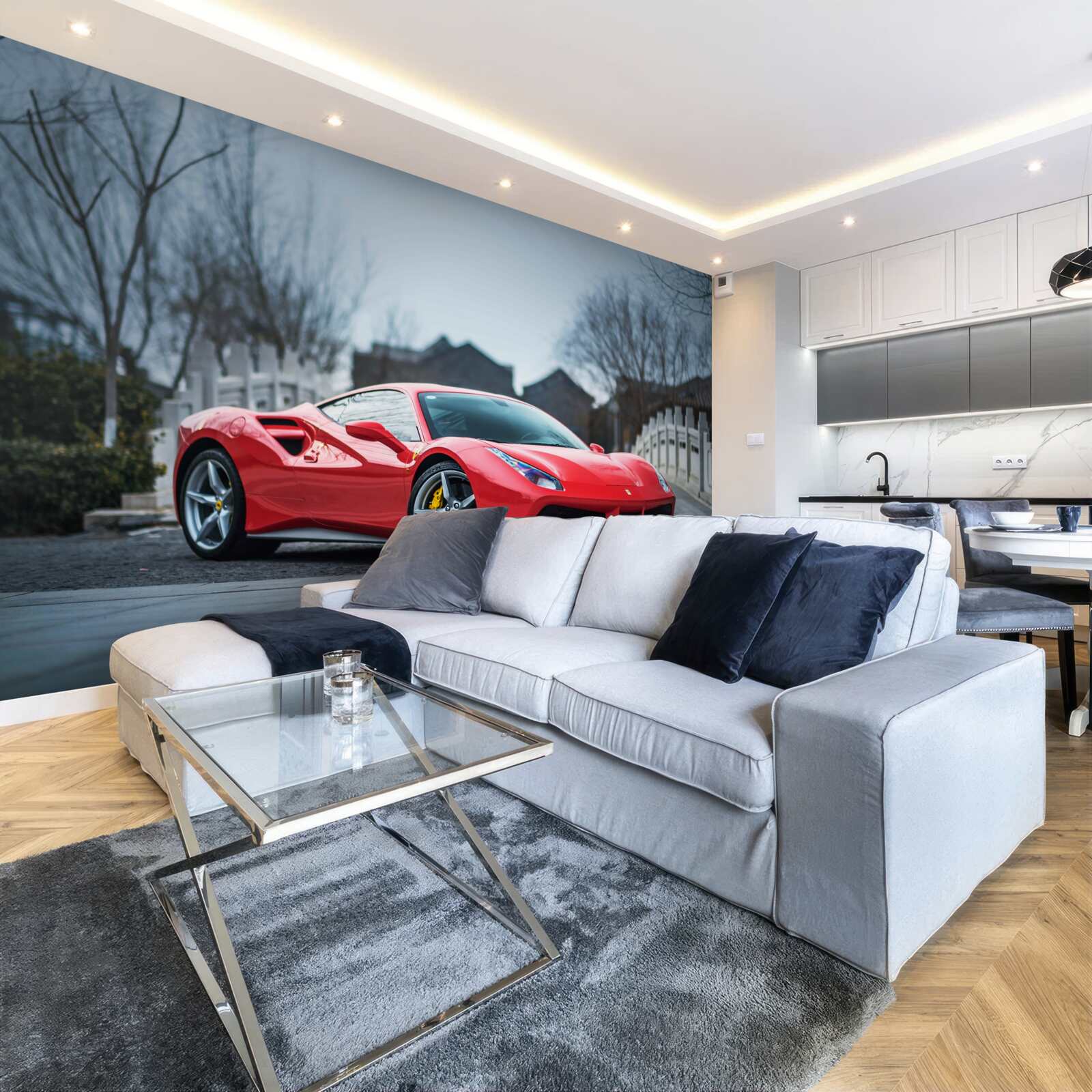 Fototapeta wspaniałe szkarłatne czerwone ferrari w deszczową pogodę