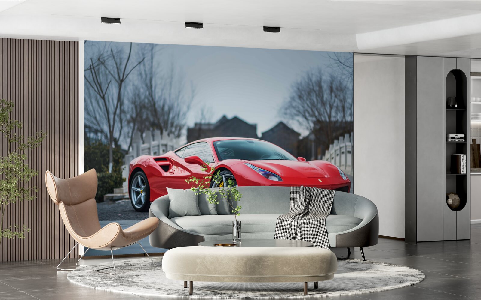 Fototapeta wspaniałe szkarłatne czerwone ferrari w deszczową pogodę