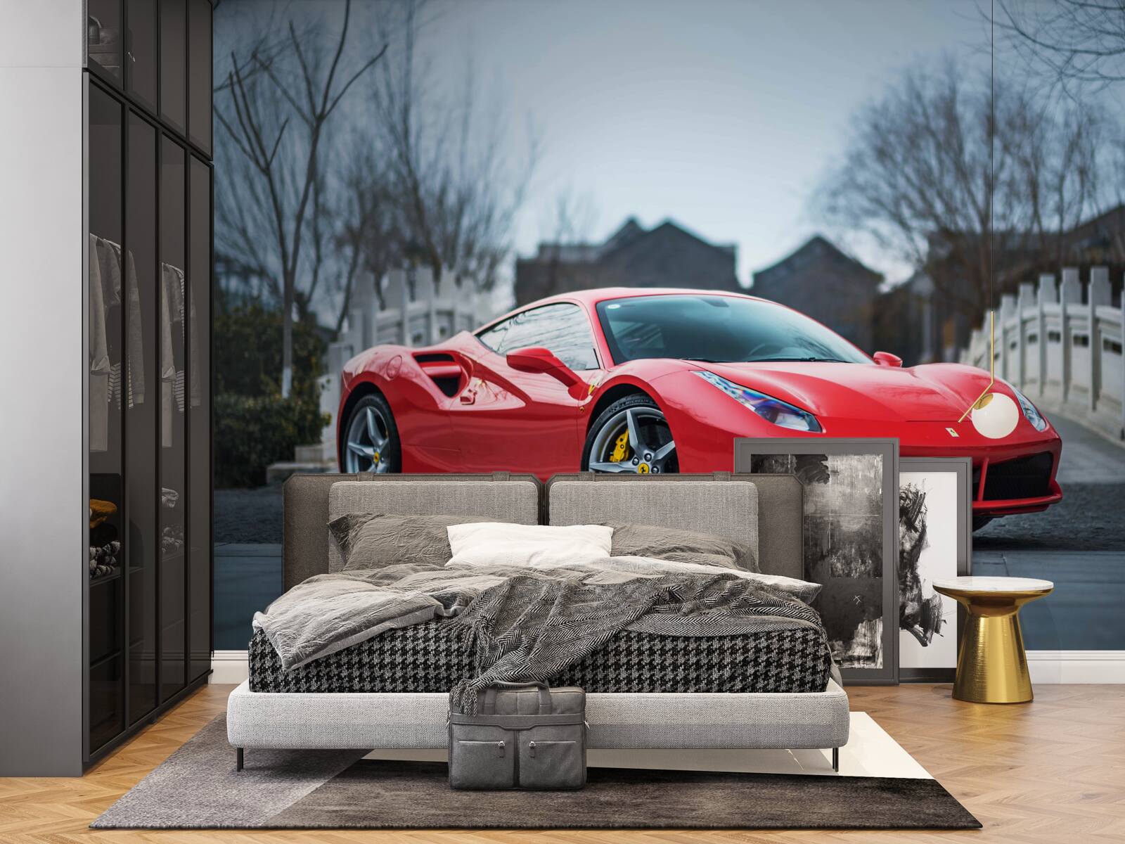 Fototapeta wspaniałe szkarłatne czerwone ferrari w deszczową pogodę