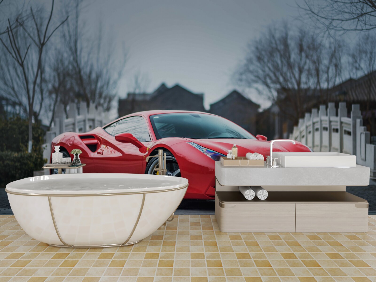 Fototapeta wspaniałe szkarłatne czerwone ferrari w deszczową pogodę