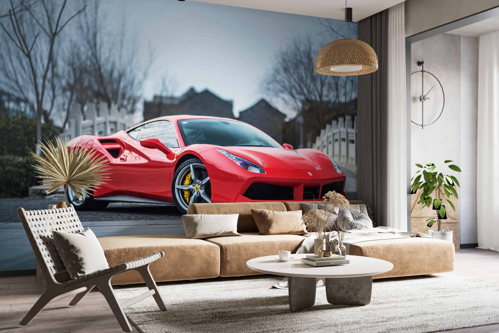 Fototapeta wspaniałe szkarłatne czerwone ferrari w deszczową pogodę
