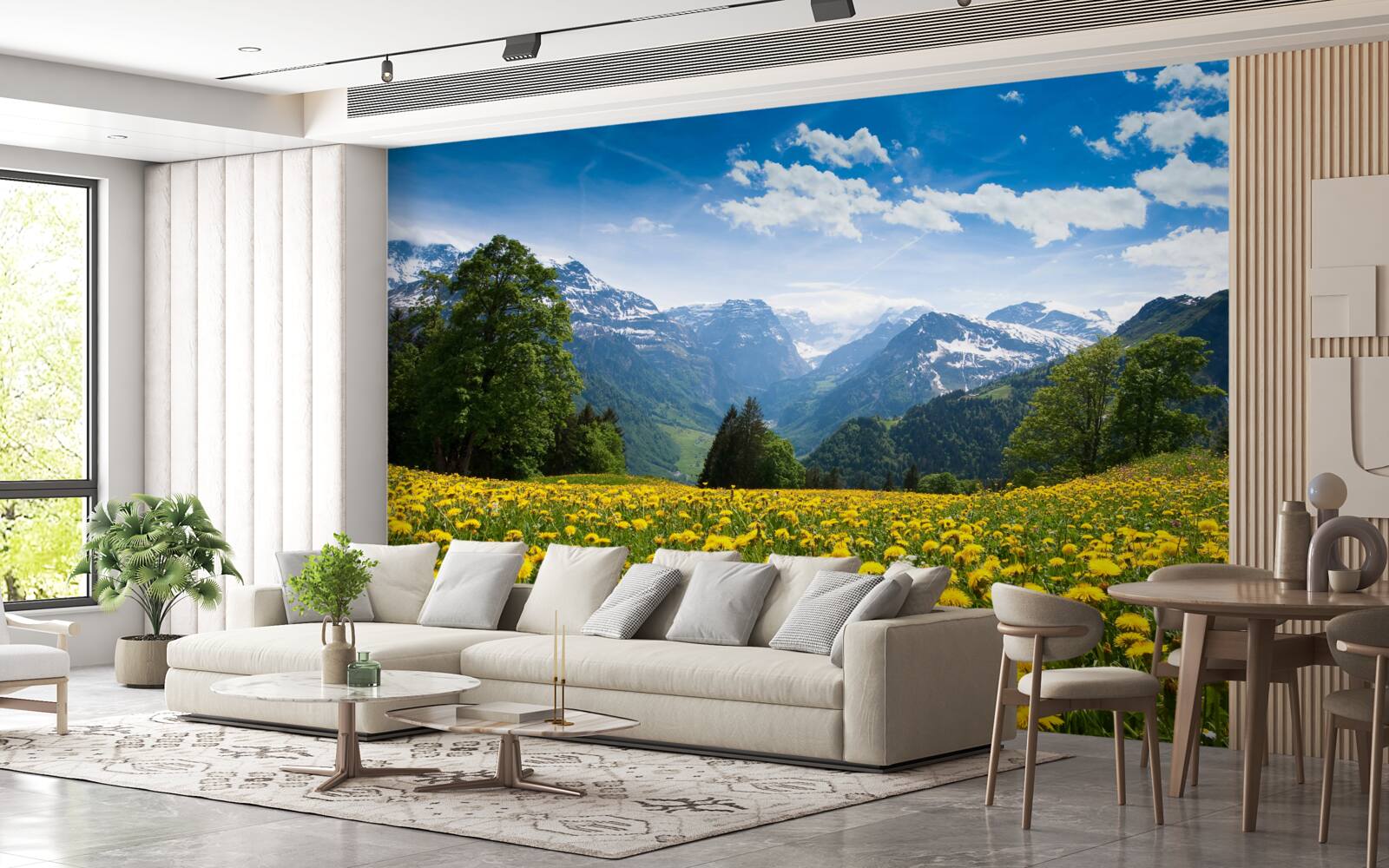 Fototapeta pole żółtych mleczy w górach