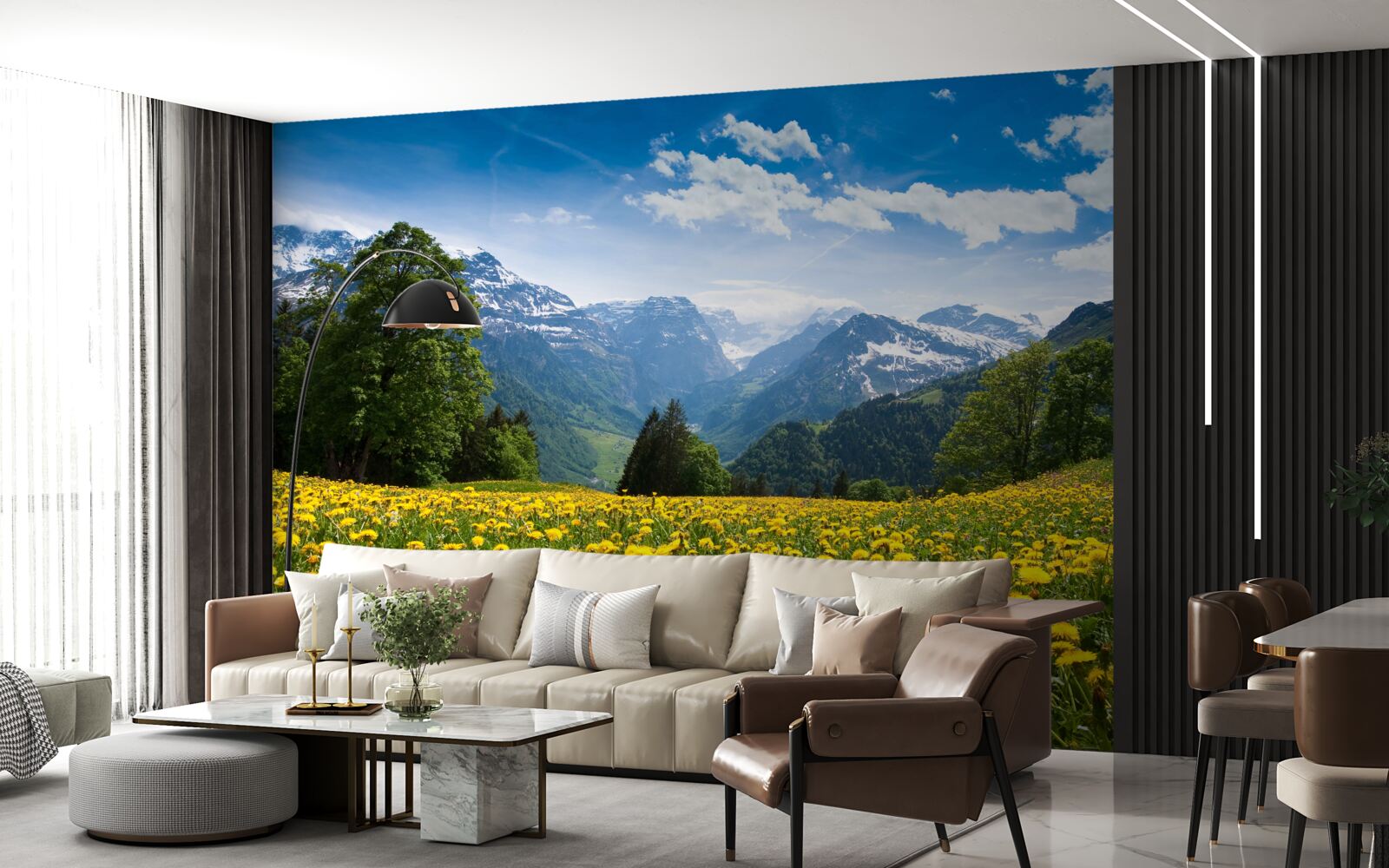 Fototapeta pole żółtych mleczy w górach