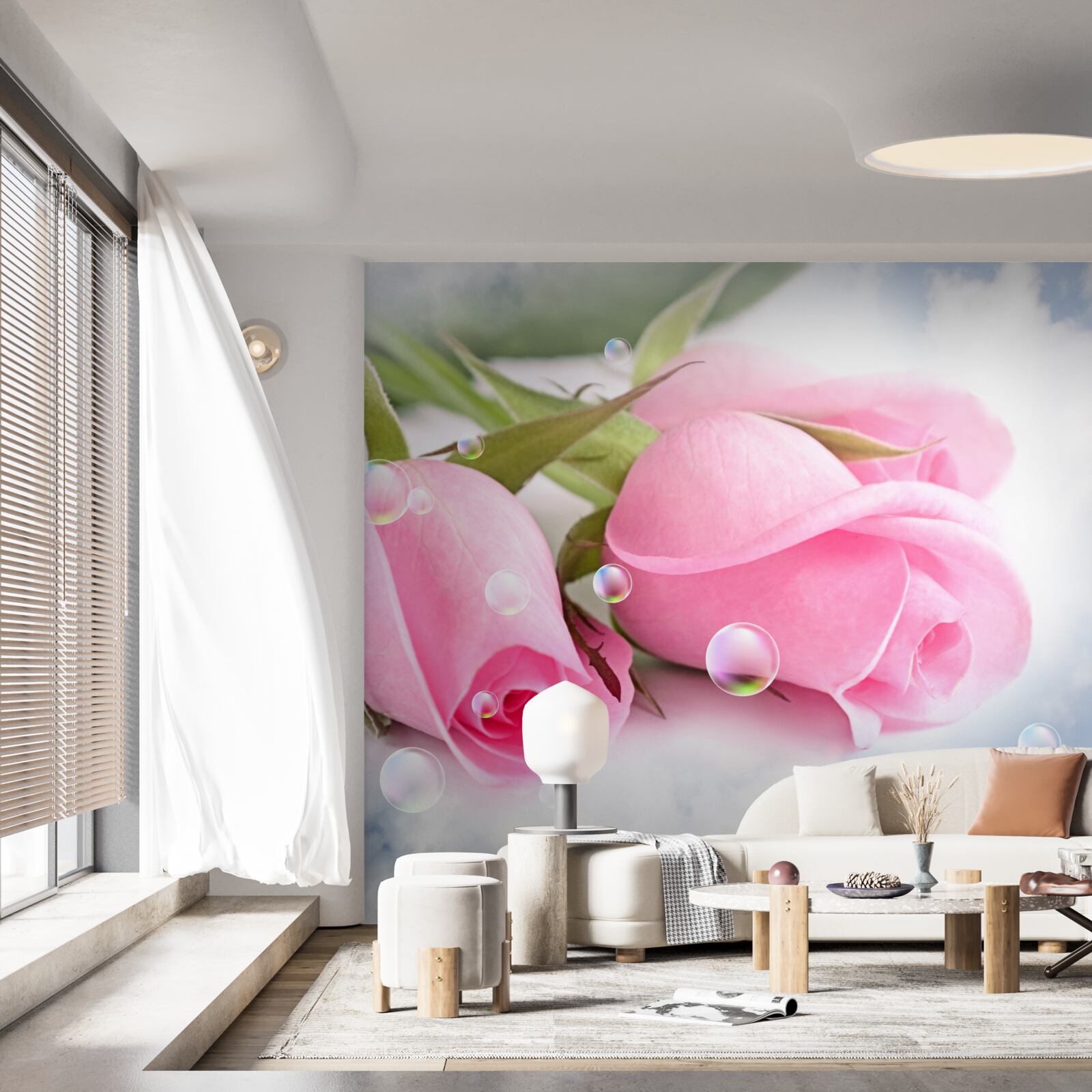 Fototapeta różowe róże z kroplami rosy na jedwabnym tle