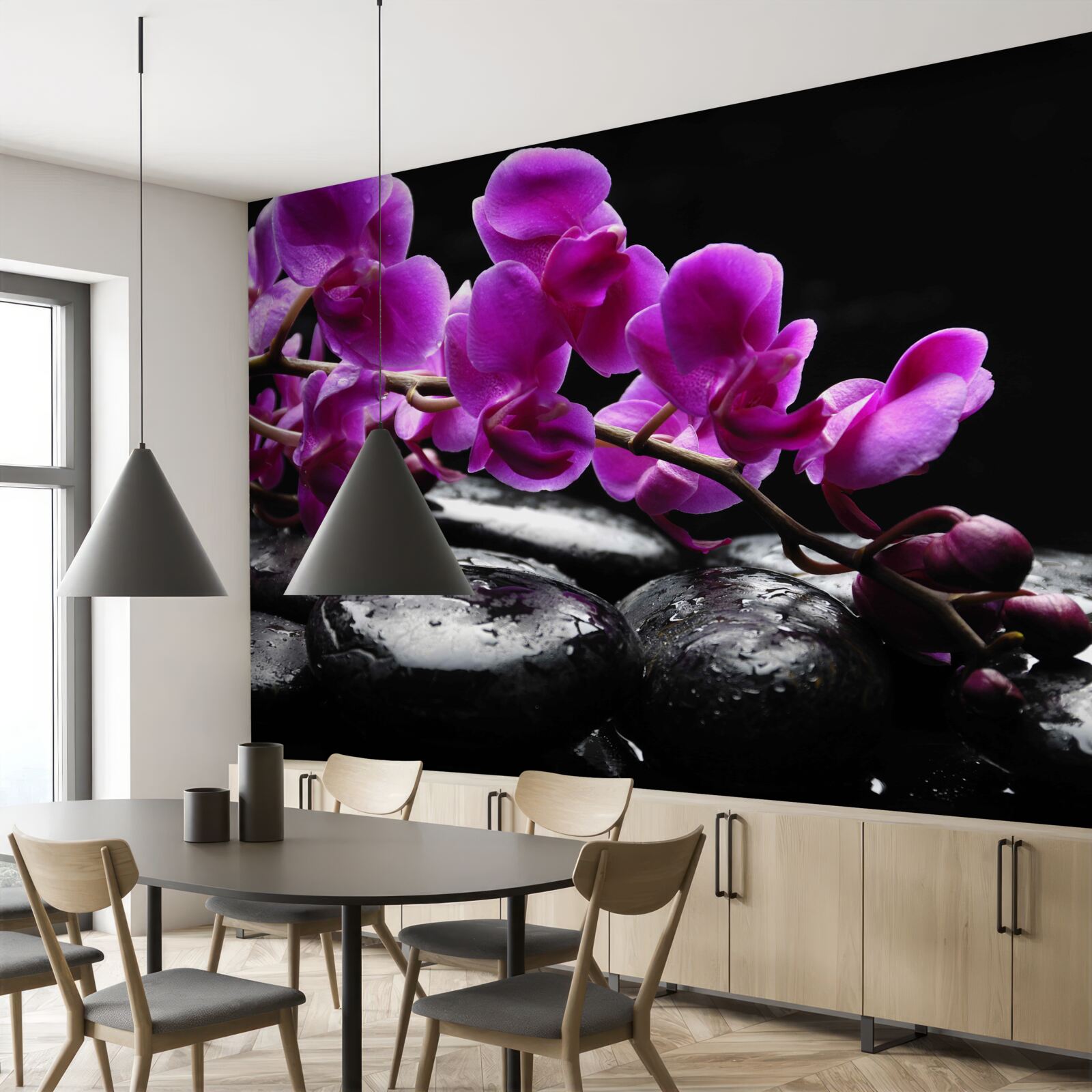 Fototapeta czarny kamień z fioletową gałązką orchidei