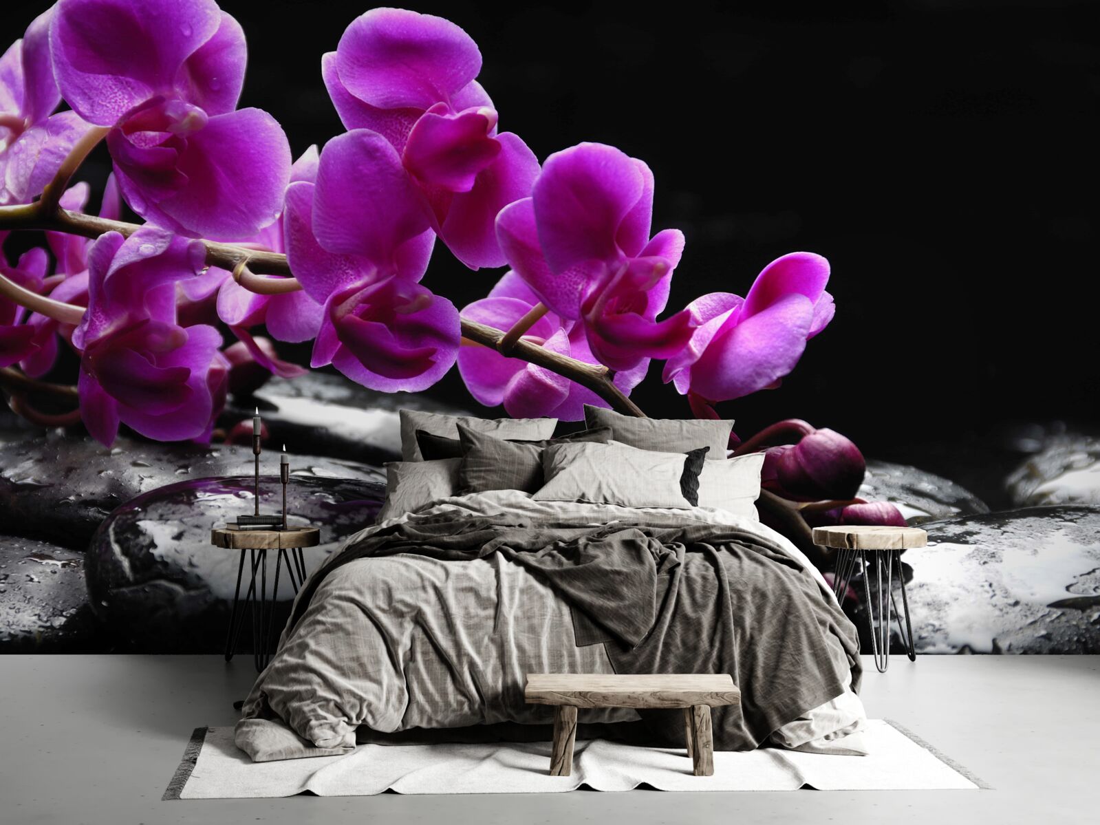 Fototapeta czarny kamień z fioletową gałązką orchidei