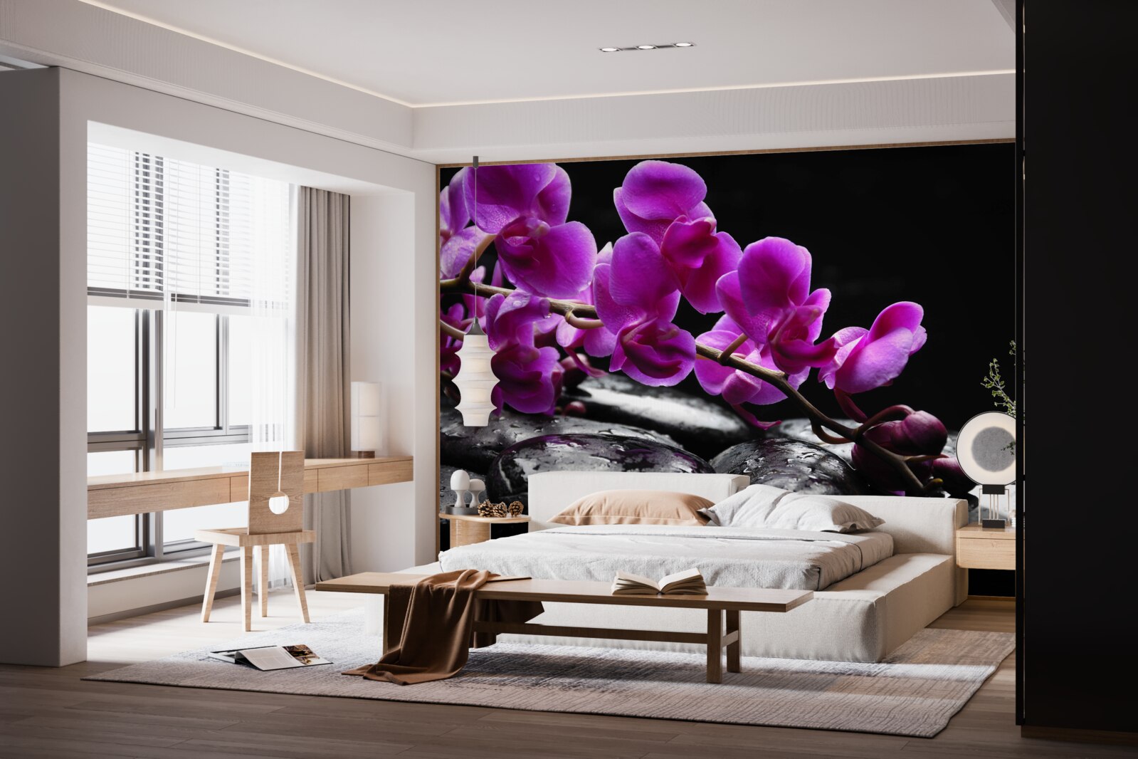 Fototapeta czarny kamień z fioletową gałązką orchidei