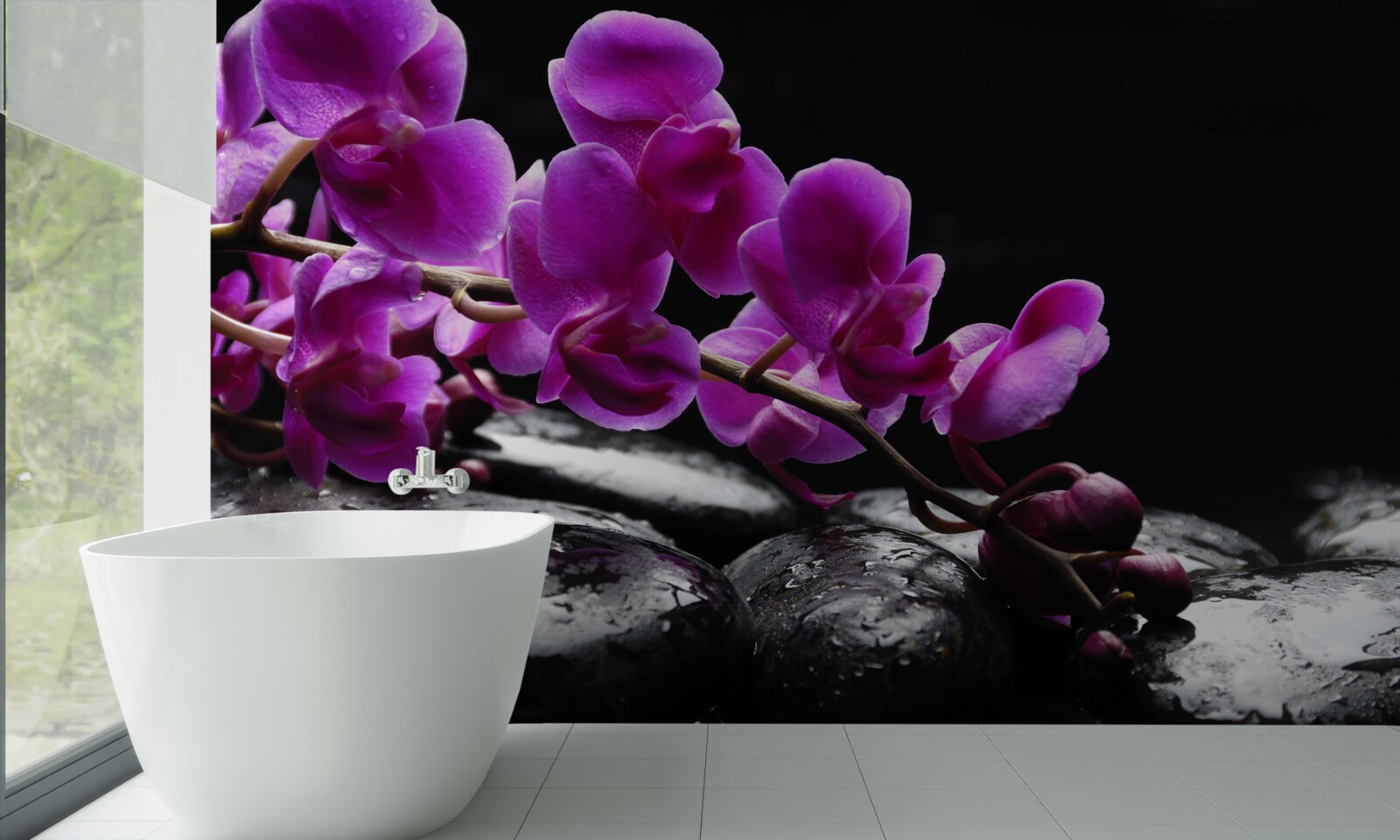 Fototapeta czarny kamień z fioletową gałązką orchidei