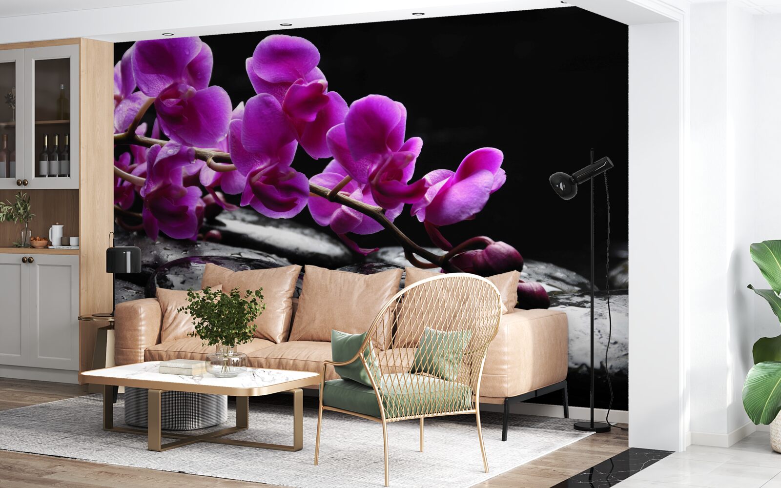 Fototapeta czarny kamień z fioletową gałązką orchidei