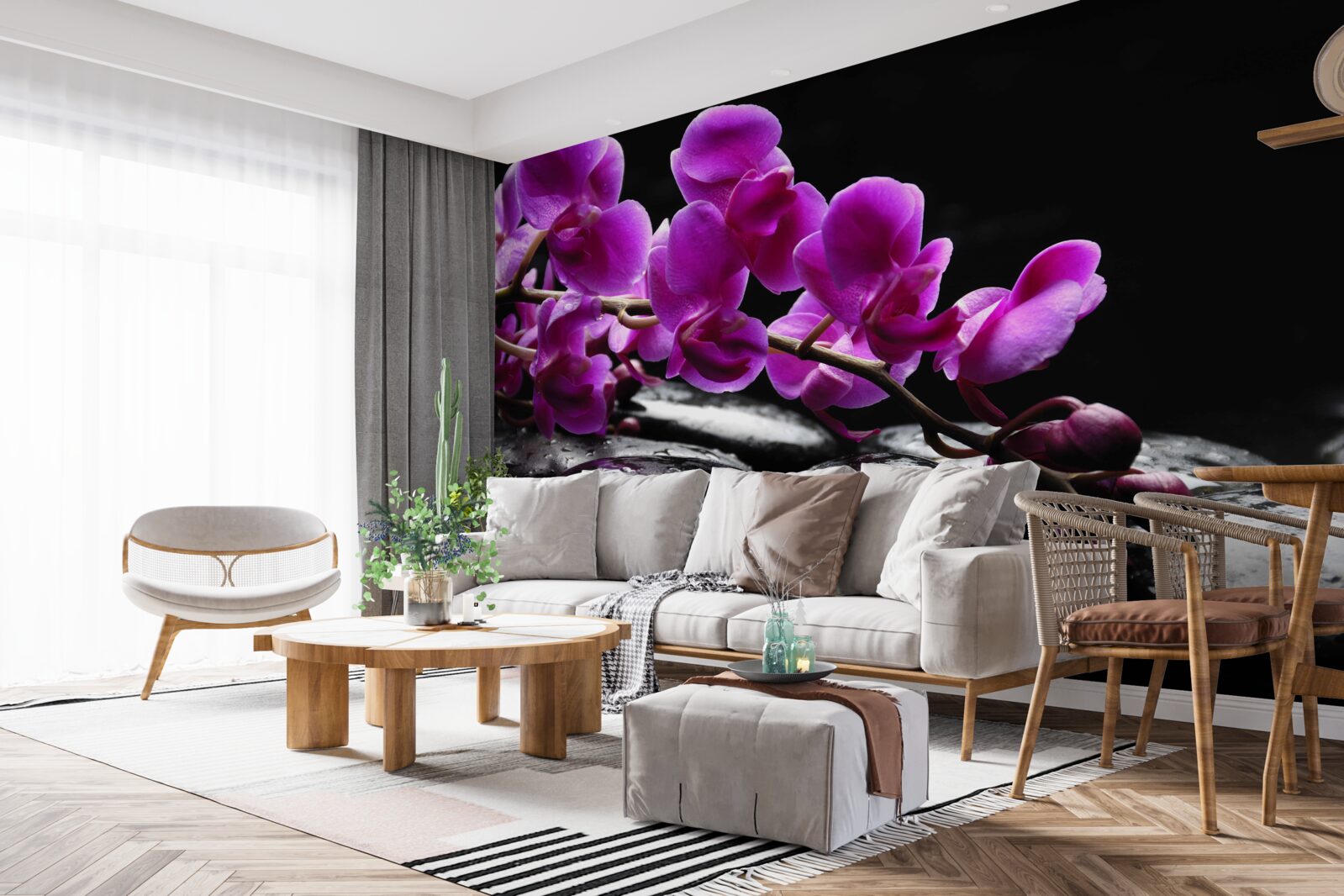 Fototapeta czarny kamień z fioletową gałązką orchidei