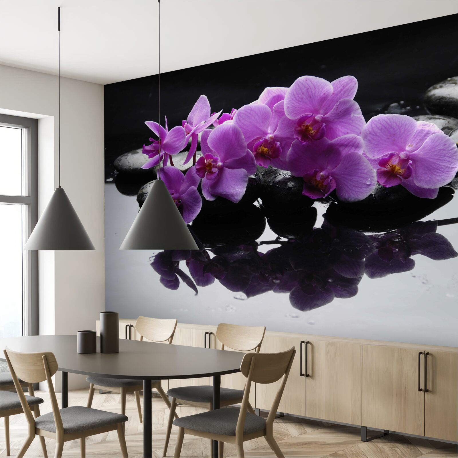 Fototapeta liliowa orchidea na kamieniu w pobliżu wody