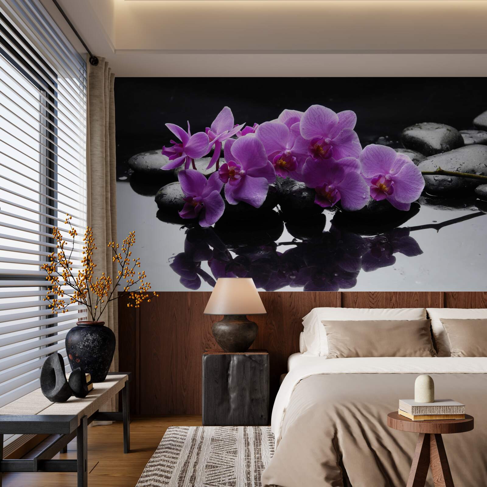 Fototapeta liliowa orchidea na kamieniu w pobliżu wody