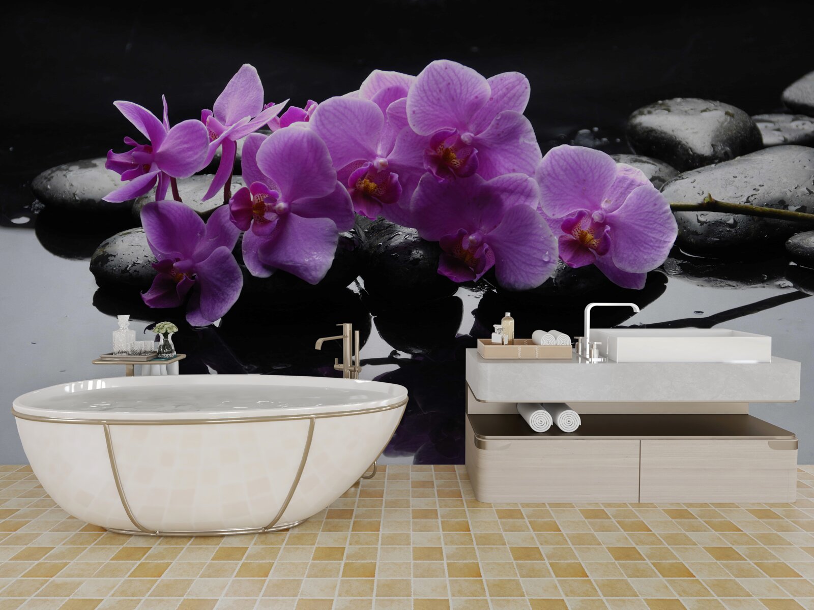 Fototapeta liliowa orchidea na kamieniu w pobliżu wody