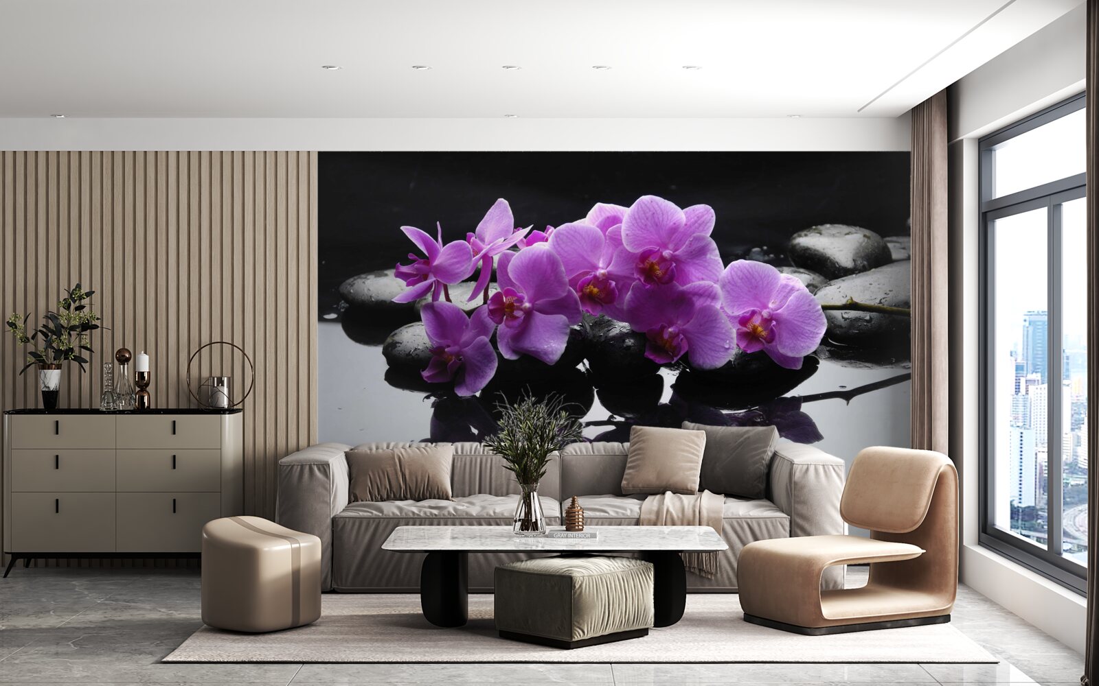Fototapeta liliowa orchidea na kamieniu w pobliżu wody