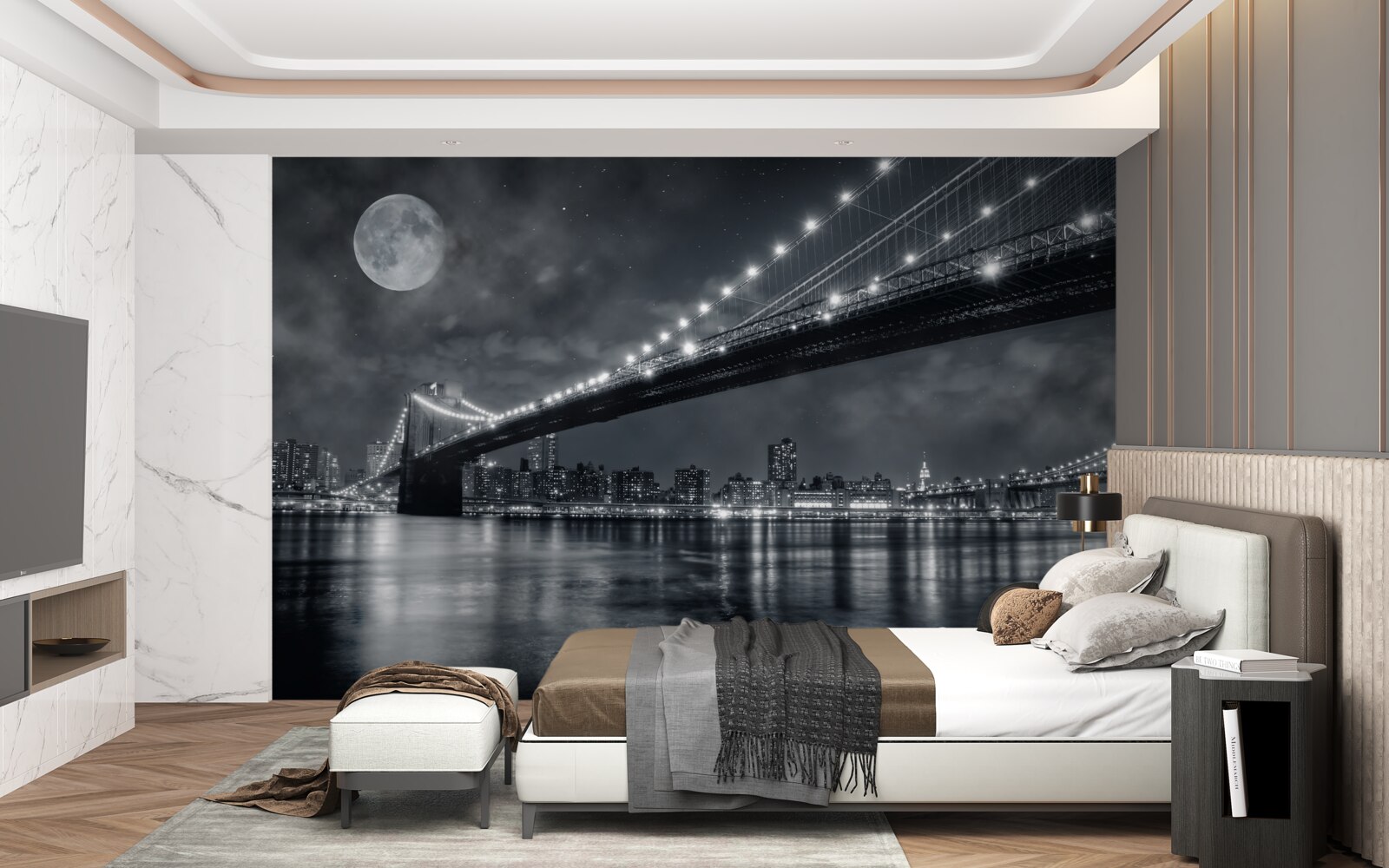 Fototapeta noc i oświetlony most manhattan